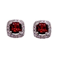 Red Garnet Diamond Earrings w Halo of Diamonds Stud Earrings, White