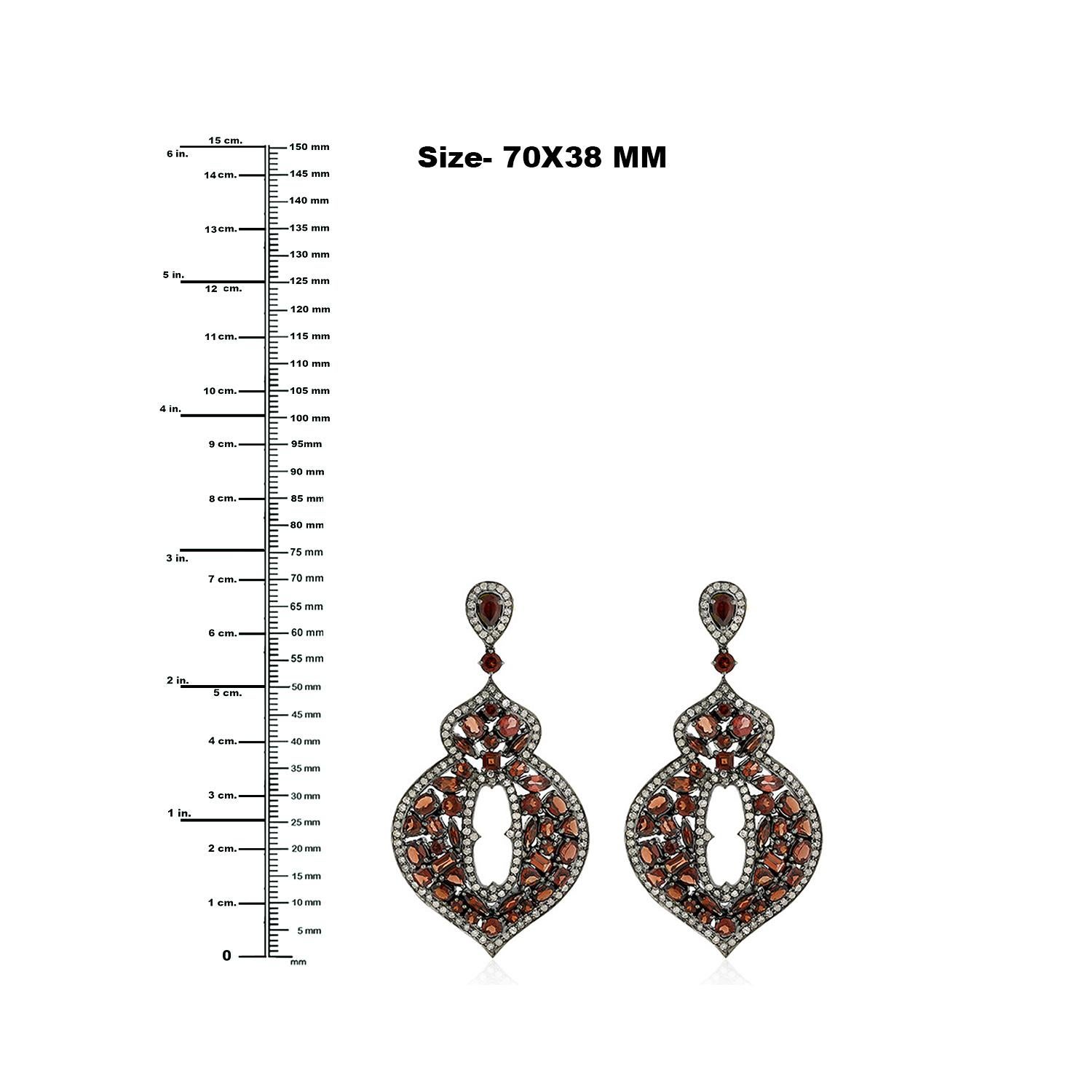 Contemporary Mixed Shaped Red Garnet Earrings Adorned with Diamonds In 18k Gold & Silver For Sale