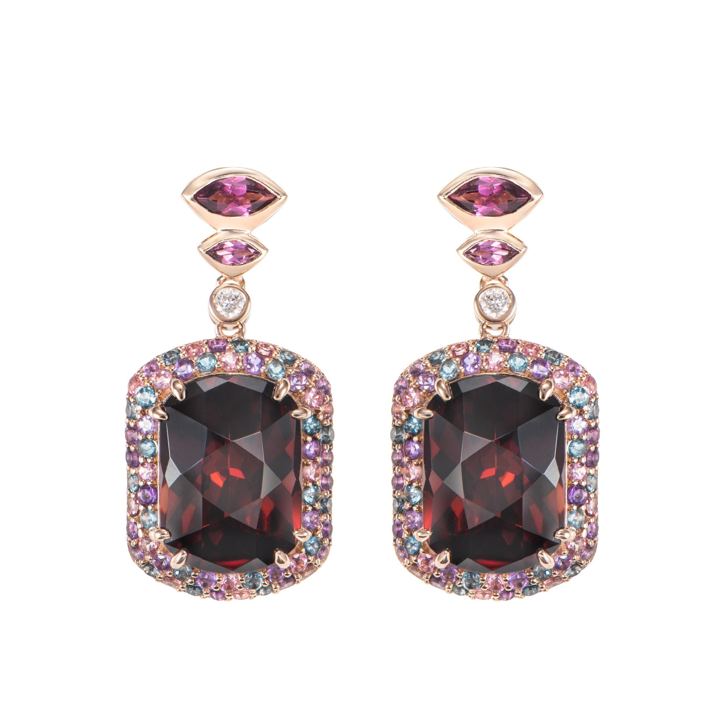 Contemporary Red Garnet, Multi Gemstone and White Diamond Drop Earring in 18KRG. For Sale