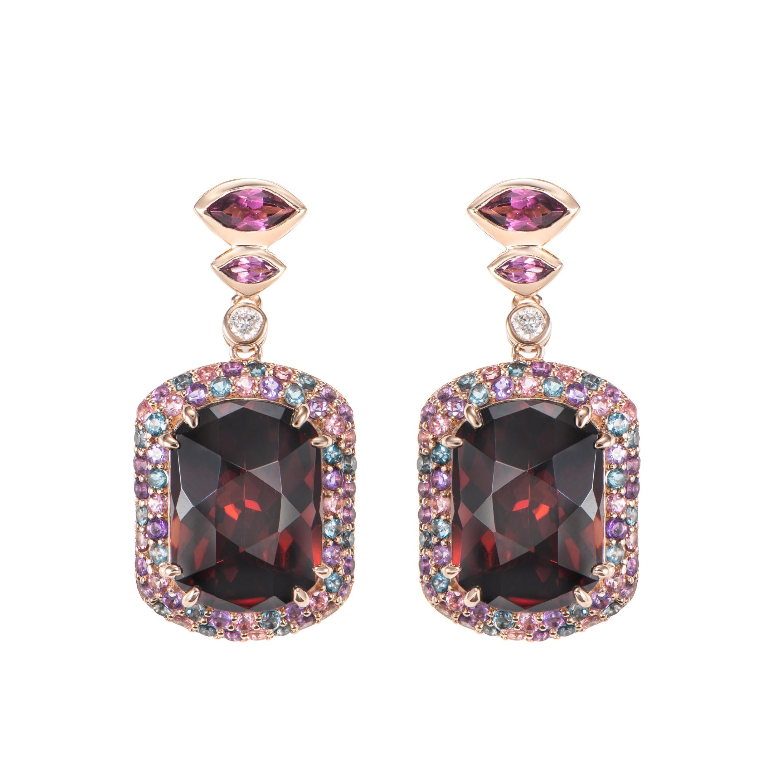 Contemporary Sunita Nahata Garnet 15.70ct. Earrings in 18KRG with Mix Gemstones & Diamond. For Sale