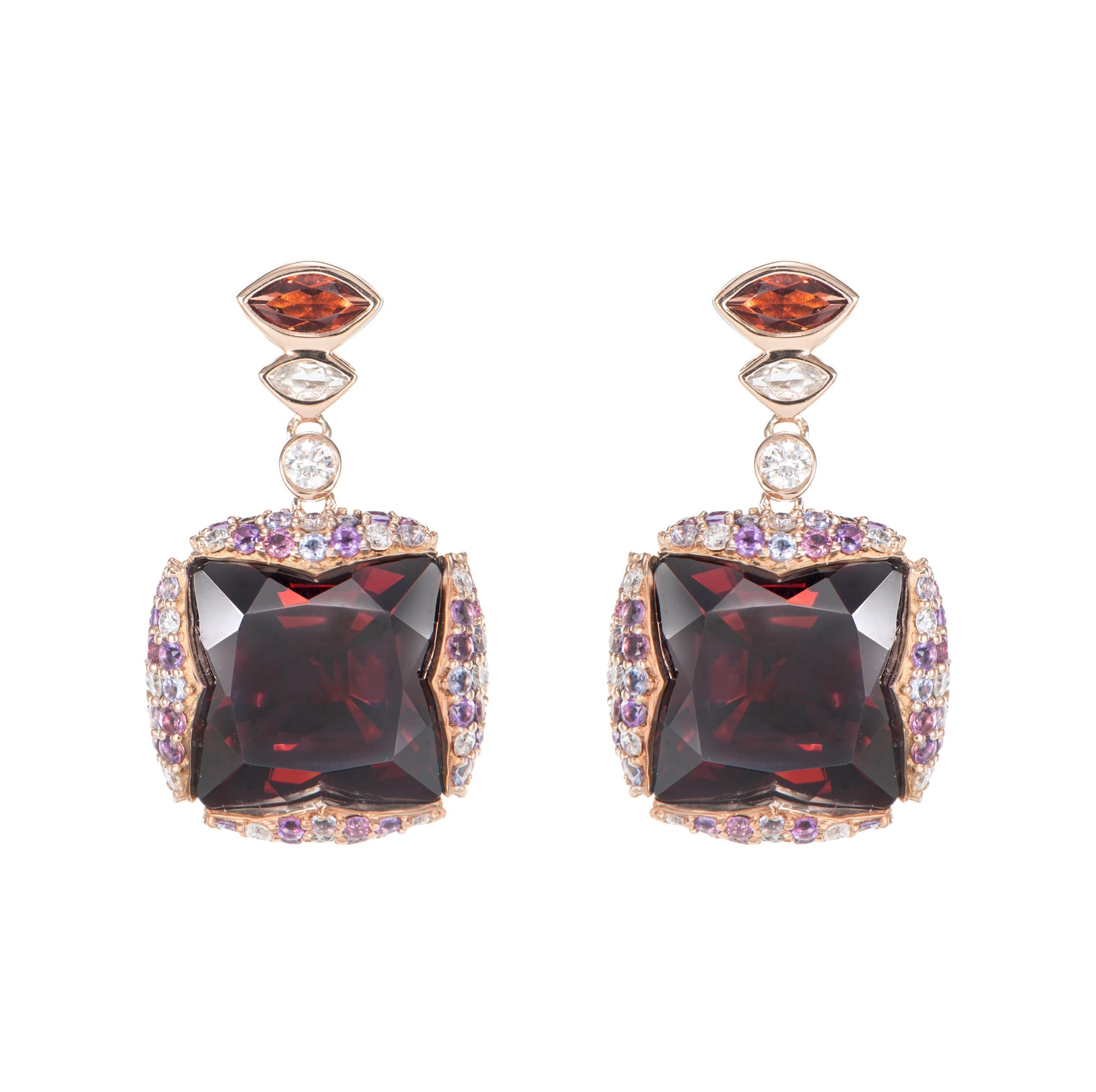 Contemporary Red Garnet, Multi Gemstone and White Diamond Drop Earring in 18KRG. For Sale