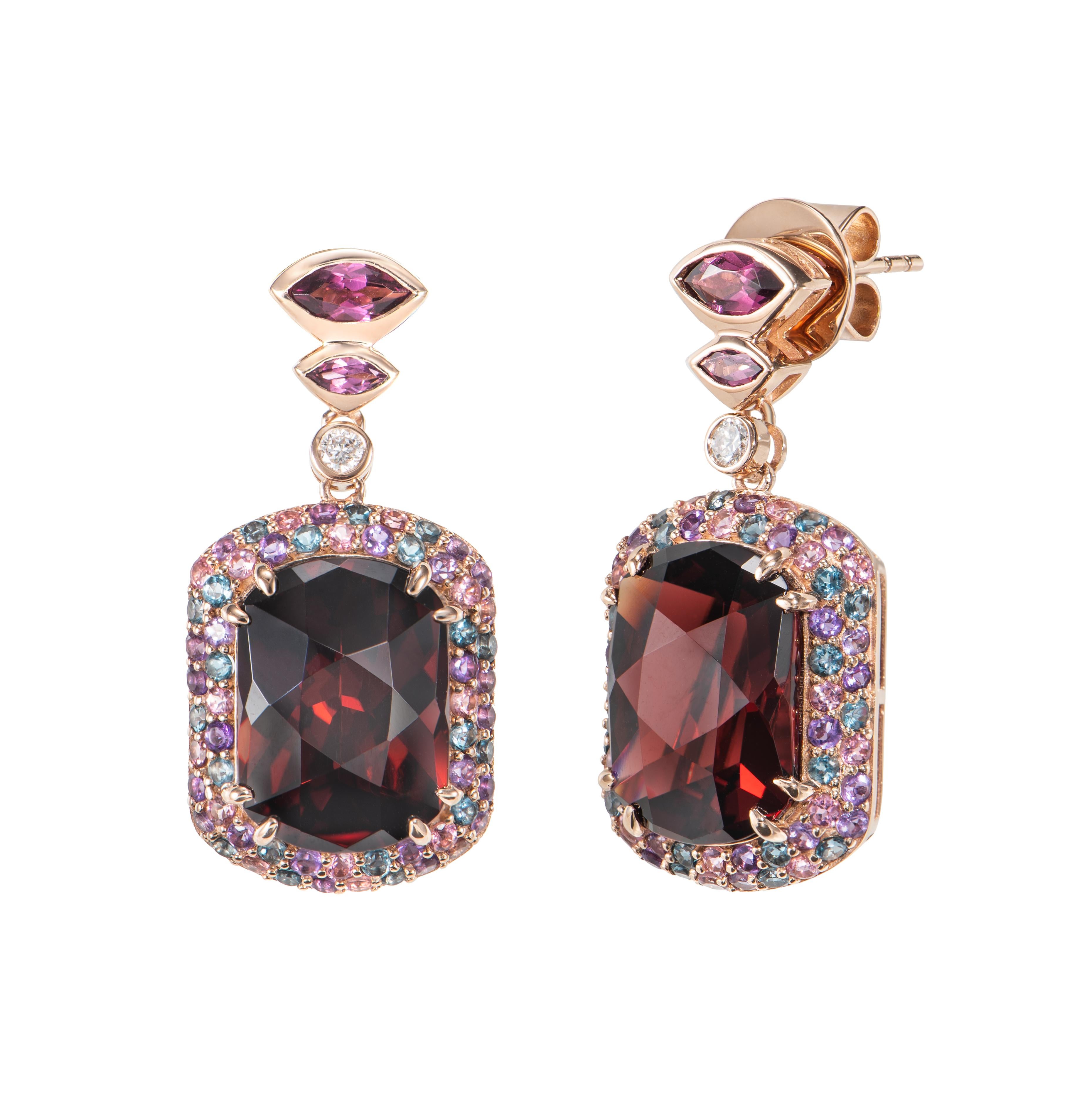 Oval Cut Red Garnet, Multi Gemstone and White Diamond Drop Earring in 18KRG. For Sale