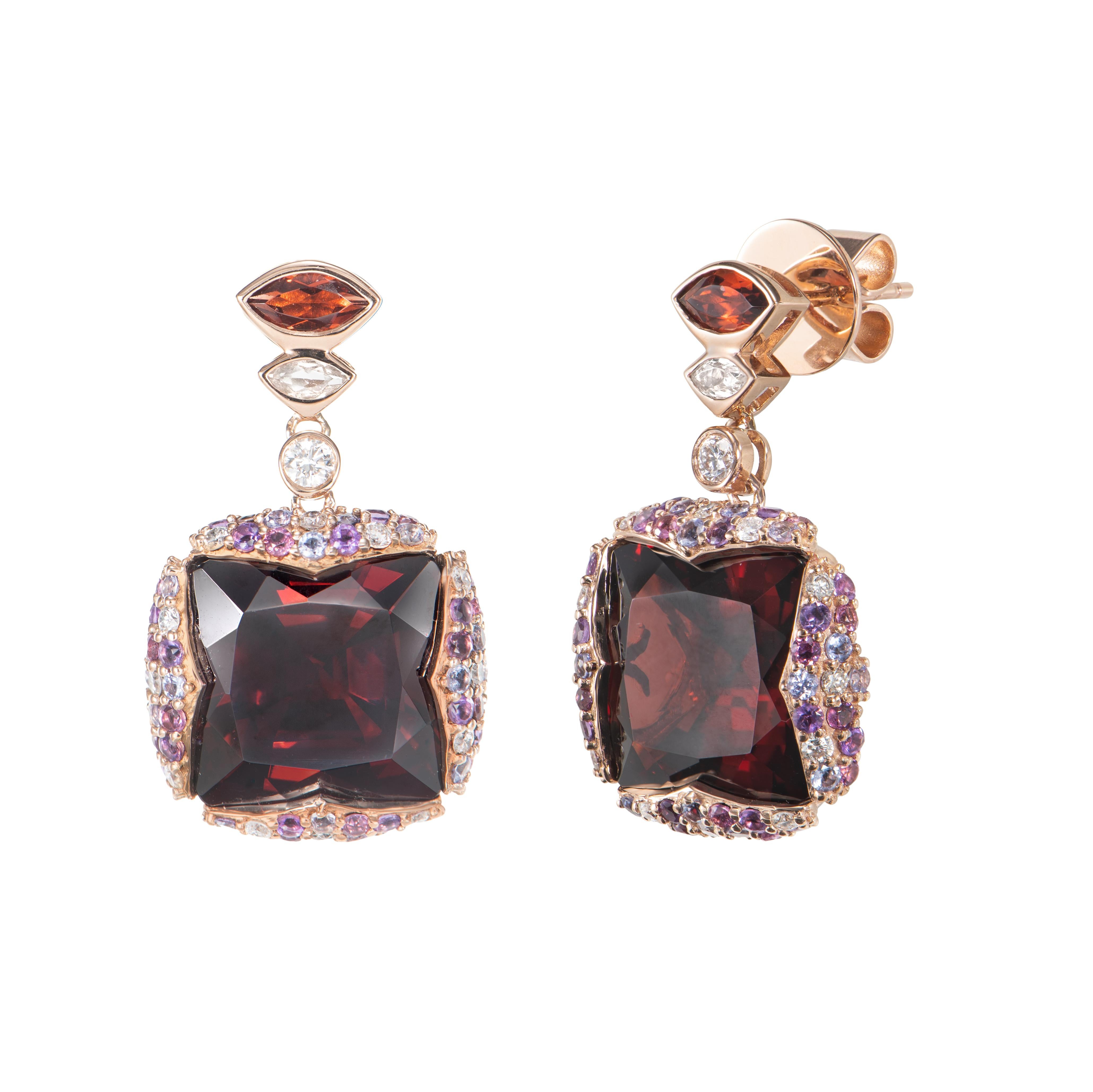 Cushion Cut Red Garnet, Multi Gemstone and White Diamond Drop Earring in 18KRG. For Sale