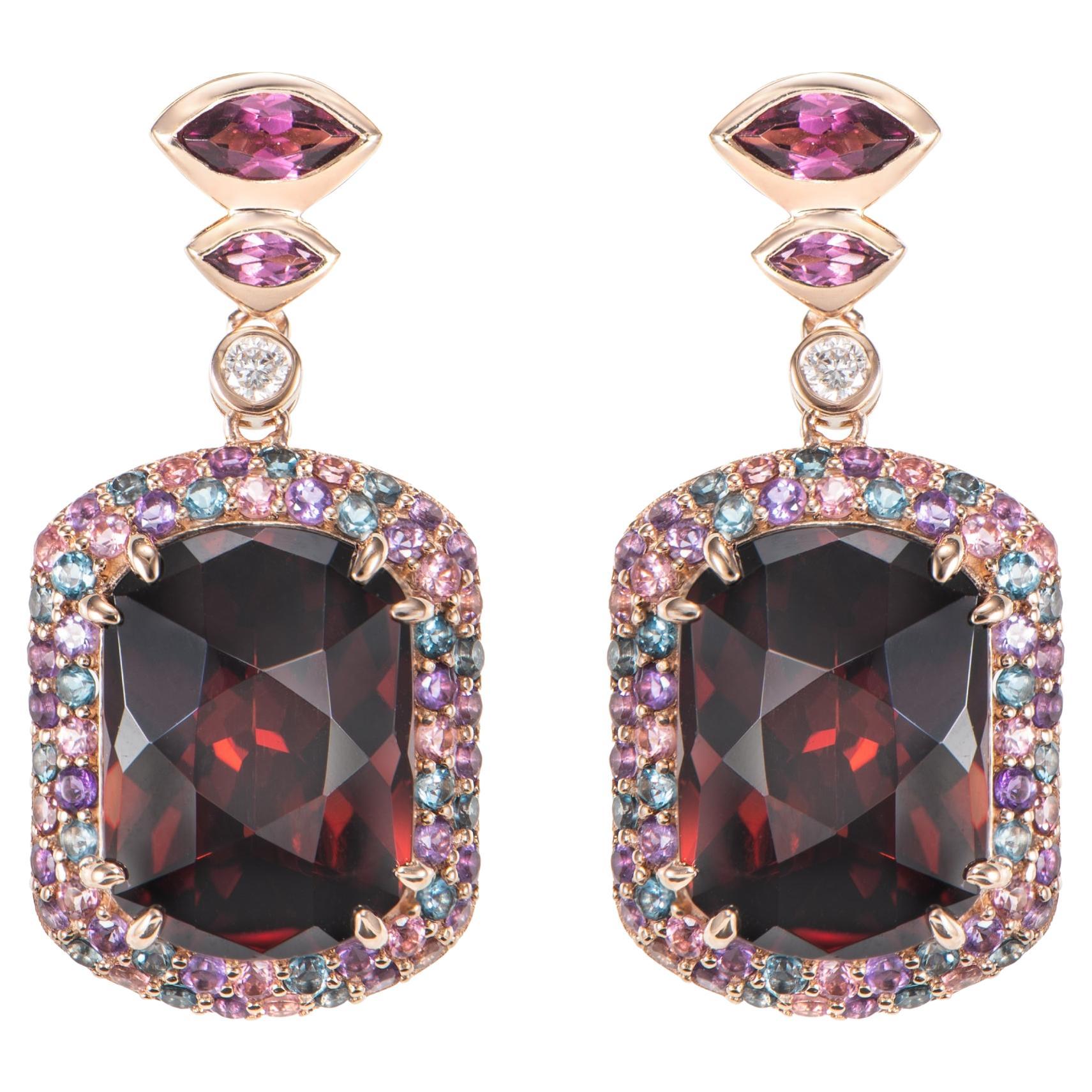 Red Garnet, Multi Gemstone and White Diamond Drop Earring in 18KRG. For Sale