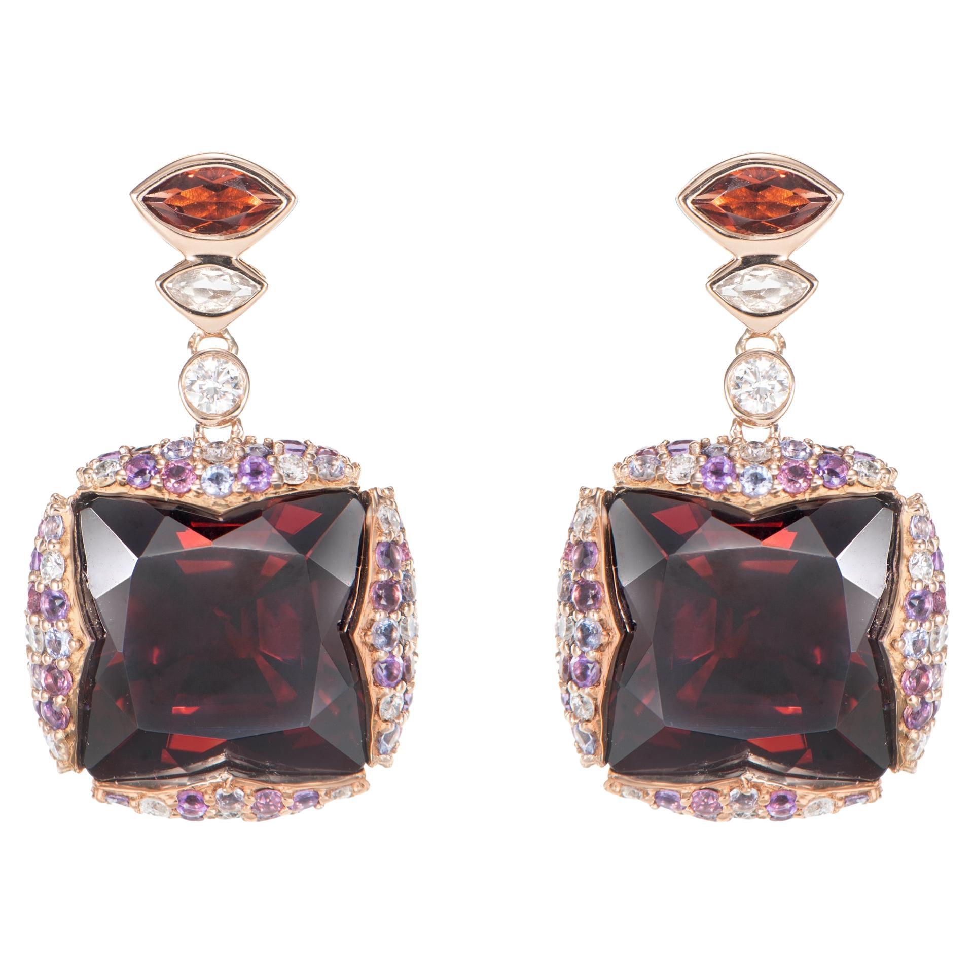 Sunita Nahata Garnet 26.11ct. Earrings in 18KRG with Mix Gemstones & Diamond.