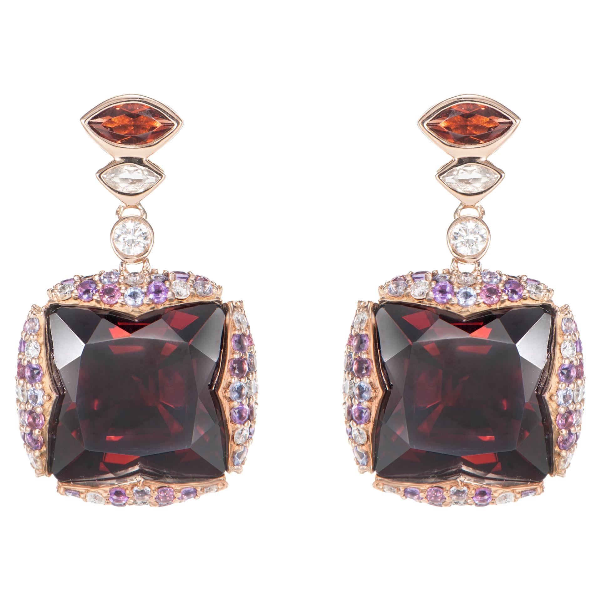 Red Garnet, Multi Gemstone and White Diamond Drop Earring in 18KRG.