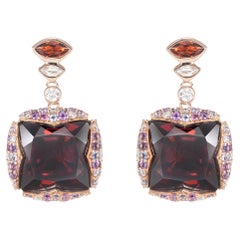 Red Garnet, Multi Gemstone and White Diamond Drop Earring in 18KRG.
