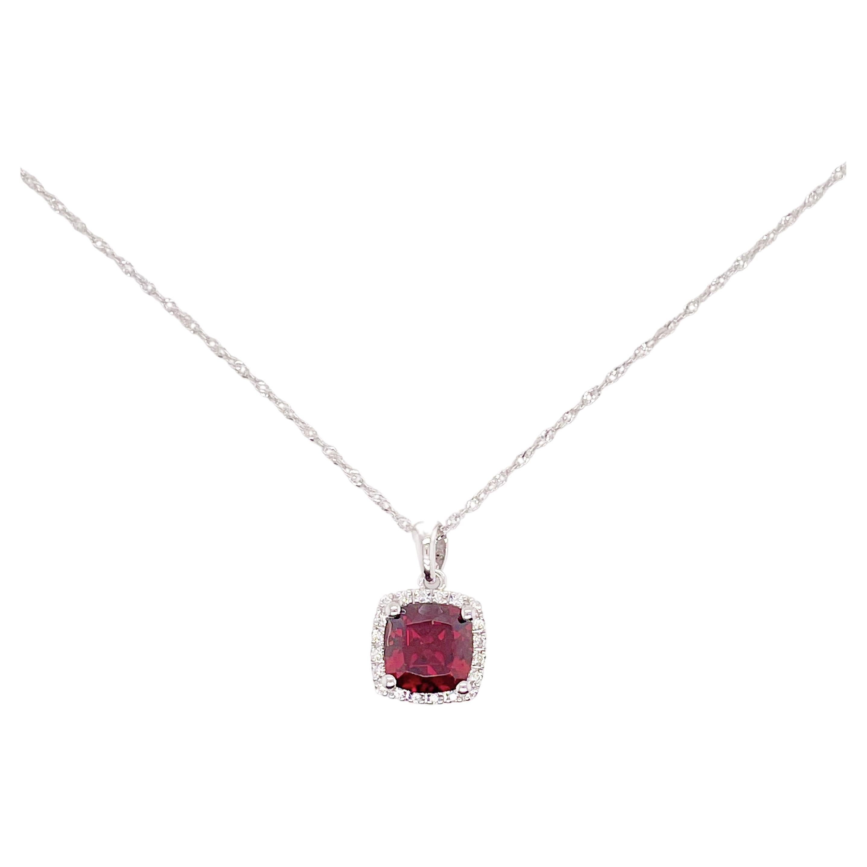 Red Garnet Necklace w Diamond Halo in White Gold 1.82 Ct Cushion Garnet Pendant For Sale