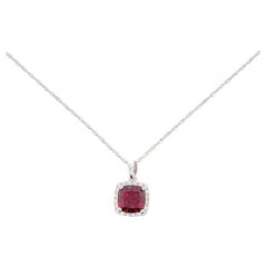 Red Garnet Necklace w Diamond Halo in White Gold 1.82 Ct Cushion Garnet Pendant