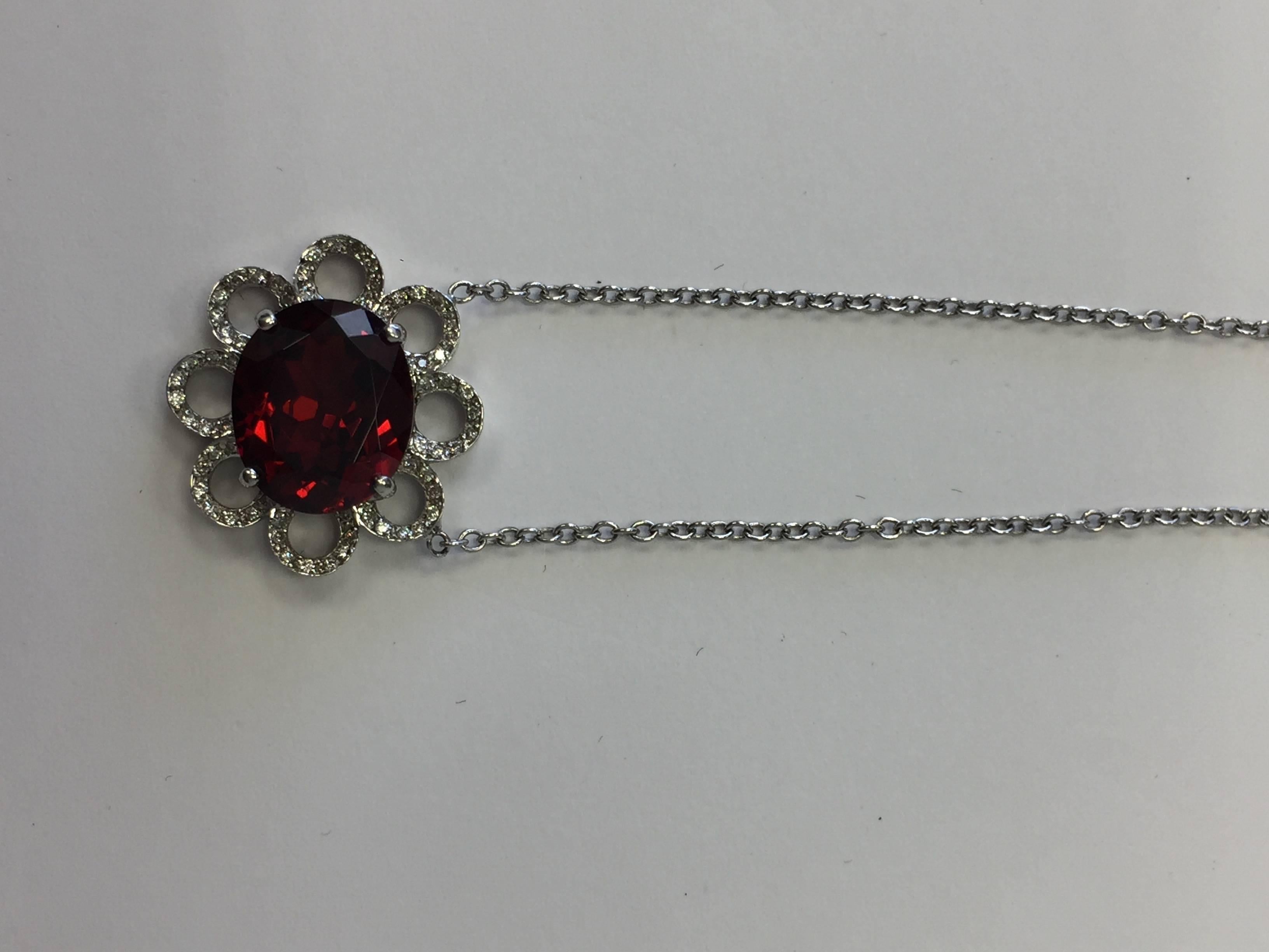 Oval Cut Red Garnet Oval and Diamond Flower Pendant Necklace in 18 Karat White Gold