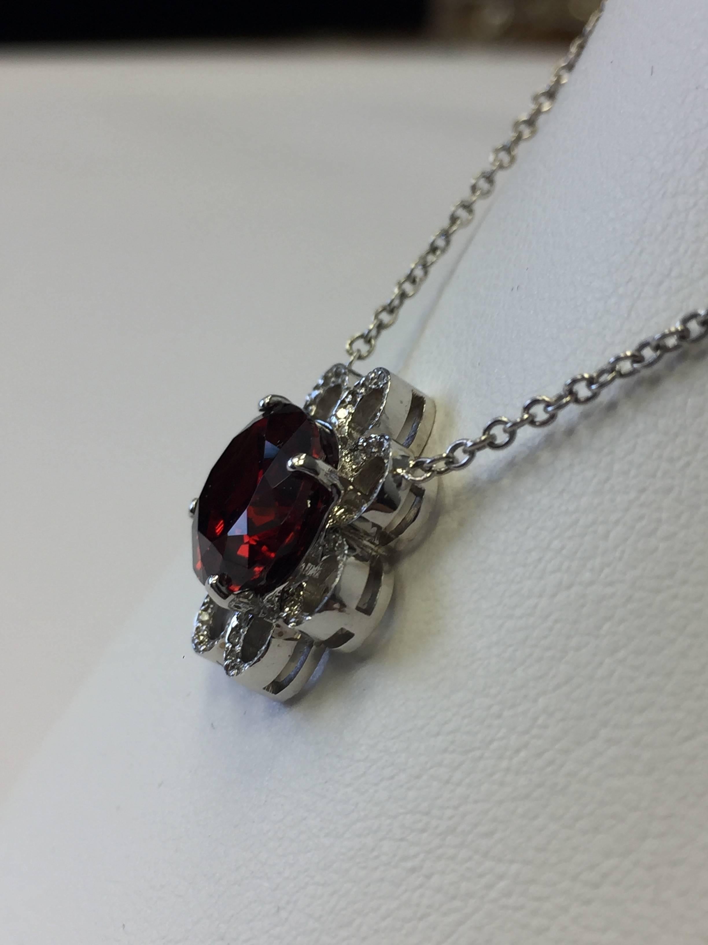 Red Garnet Oval and Diamond Flower Pendant Necklace in 18 Karat White Gold 1