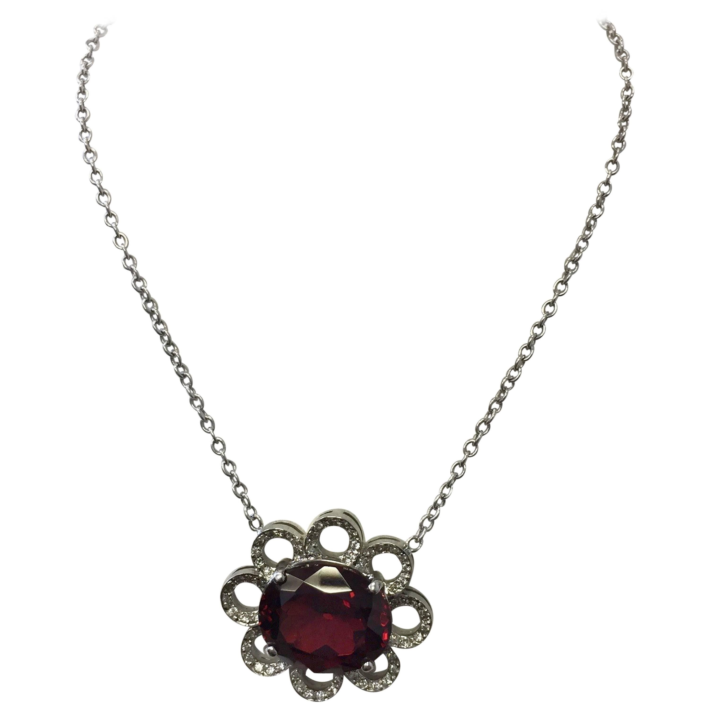 Red Garnet Oval and Diamond Flower Pendant Necklace in 18 Karat White Gold