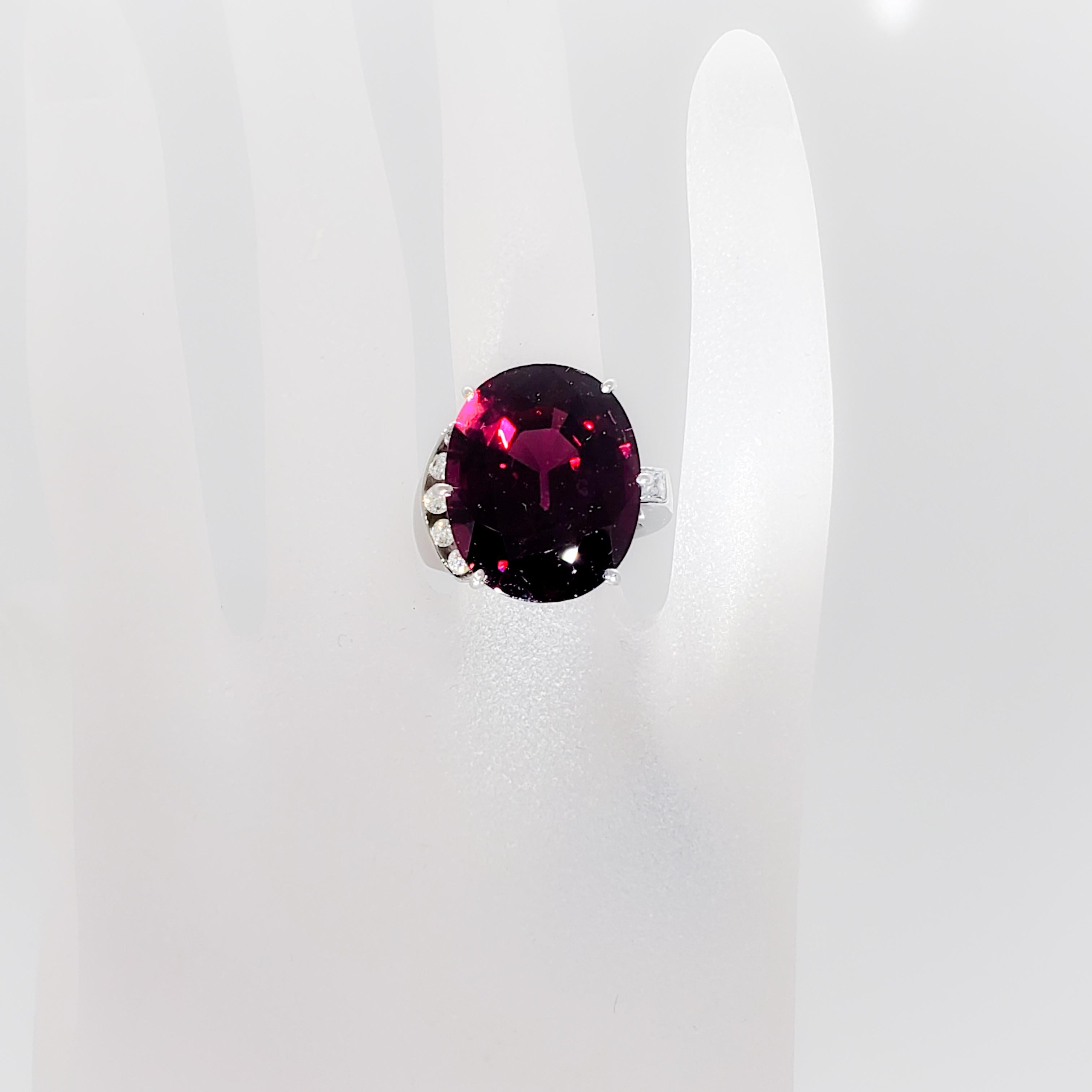 Oval Cut Red Garnet Oval and White Diamond Cocktail Ring in Platinum
