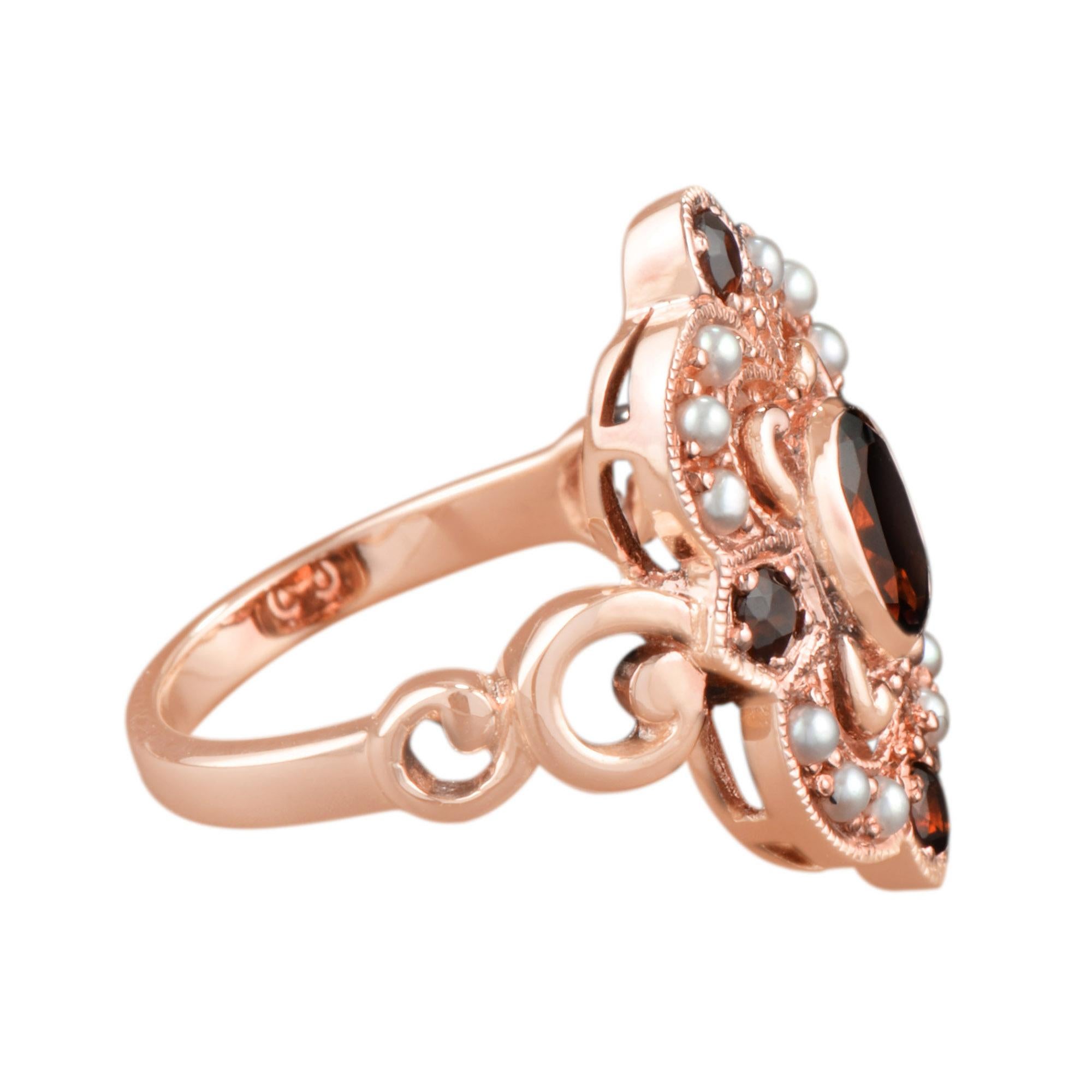 Anillo de oro rosa de 14 quilates estilo cóctel con granate rojo y perla Corte oval en venta