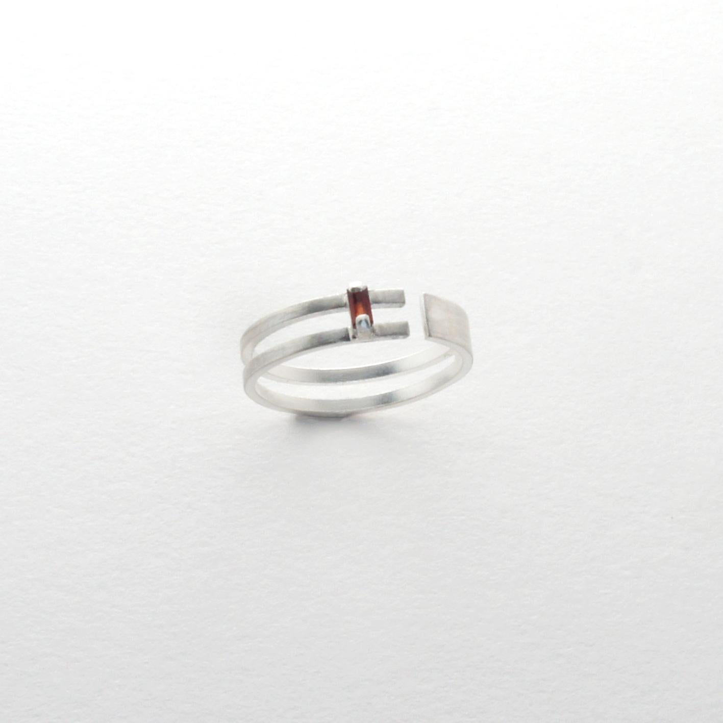 Baguette Cut Red Garnet Sterling Silver Double Lines Ring For Sale