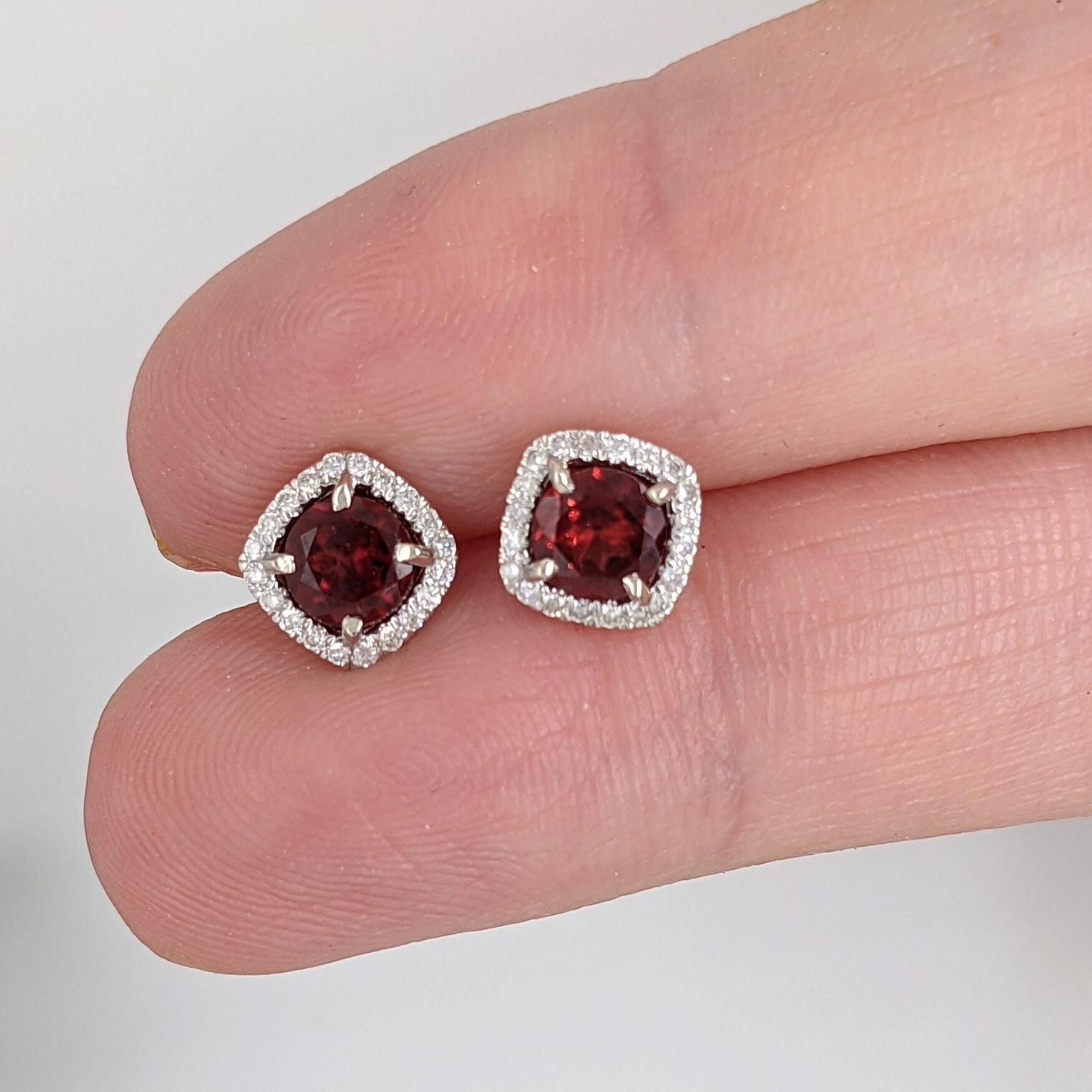 Round Cut Red Garnet Stud Earrings with Cushion Diamond Halo in 14k White Gold  Rhodolite For Sale