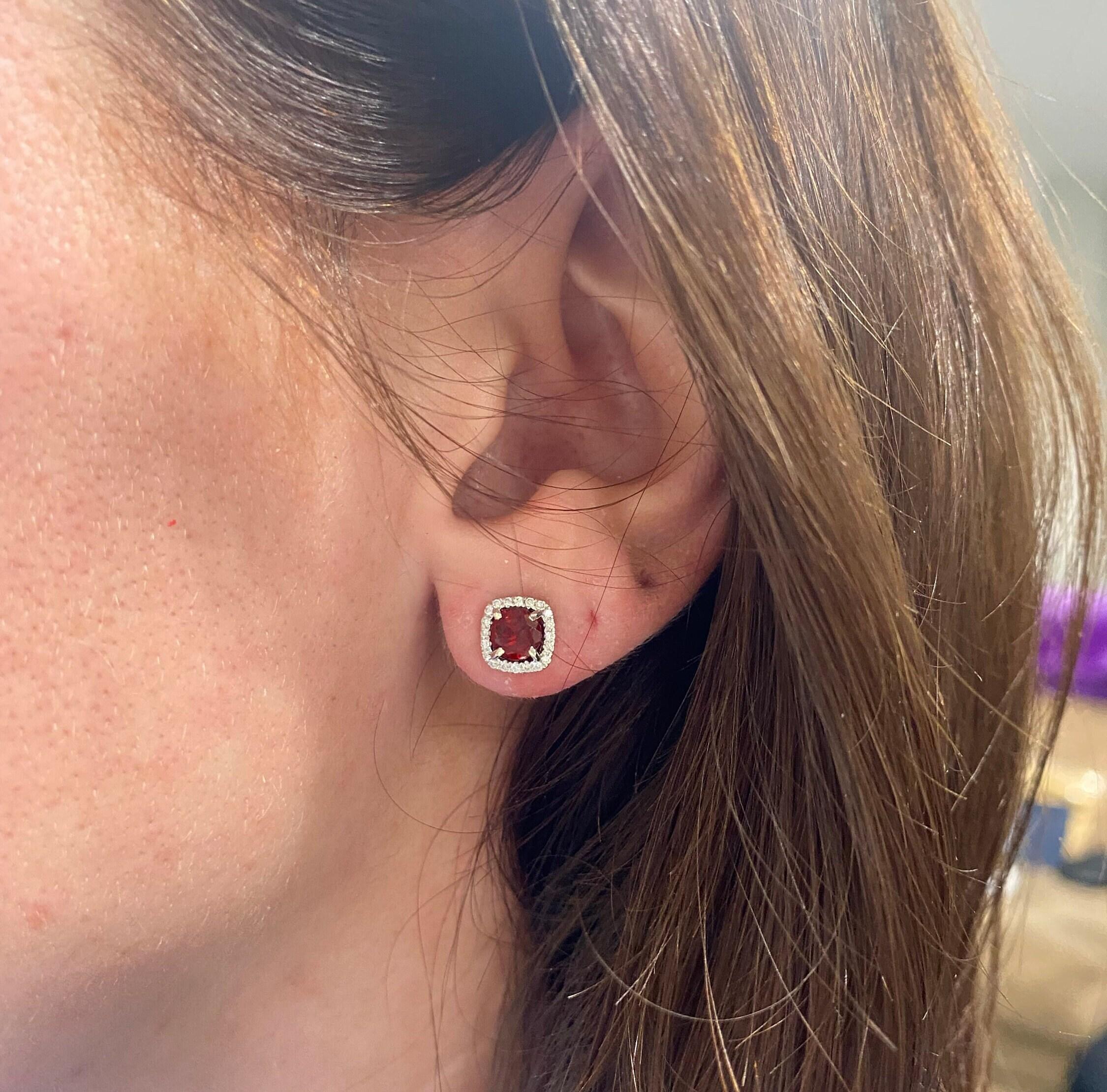 Red Garnet Stud Earrings with Cushion Diamond Halo in 14k White Gold  Rhodolite In New Condition For Sale In Columbus, OH