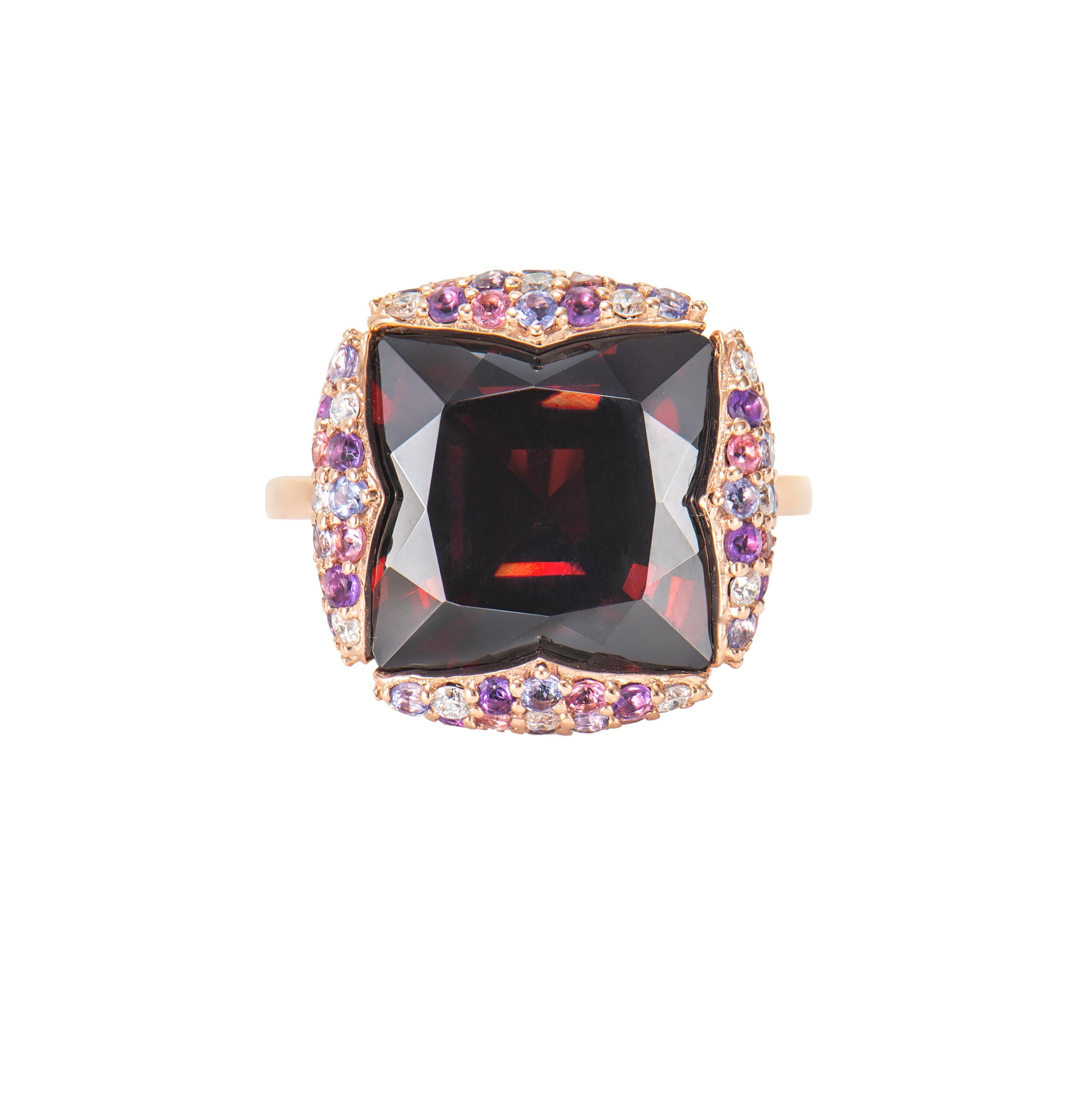 Contemporary Red Garnet, Multi Gemstone & White Diamond Cocktail Ring in 18KRG. For Sale