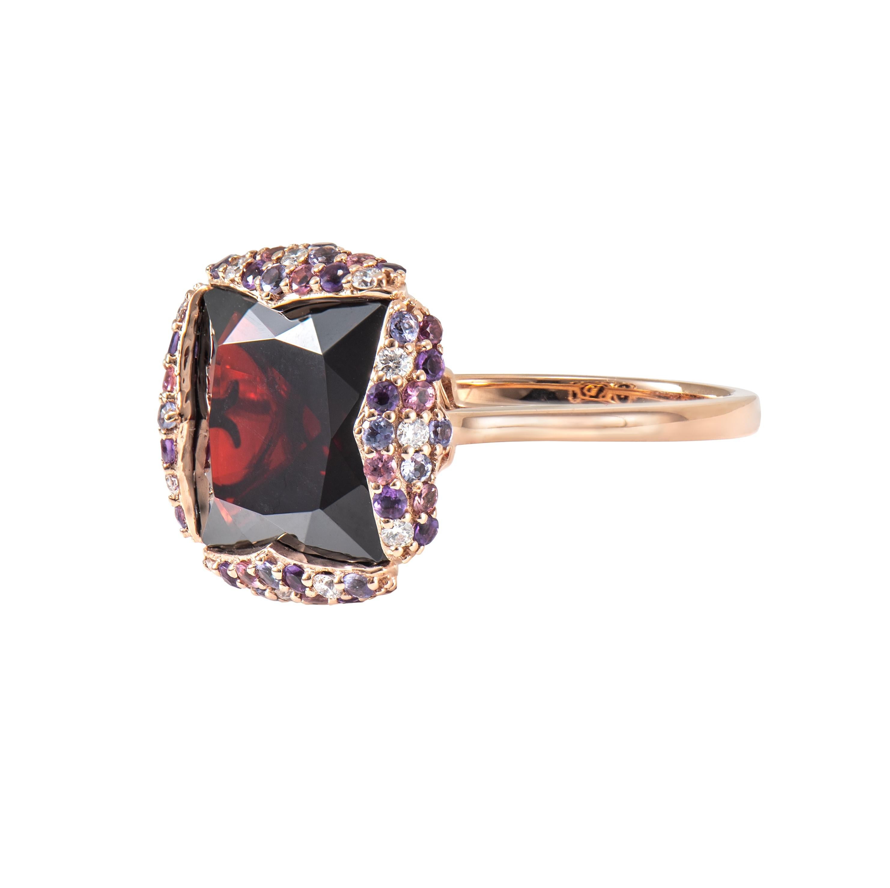Cushion Cut Red Garnet, Multi Gemstone & White Diamond Cocktail Ring in 18KRG. For Sale