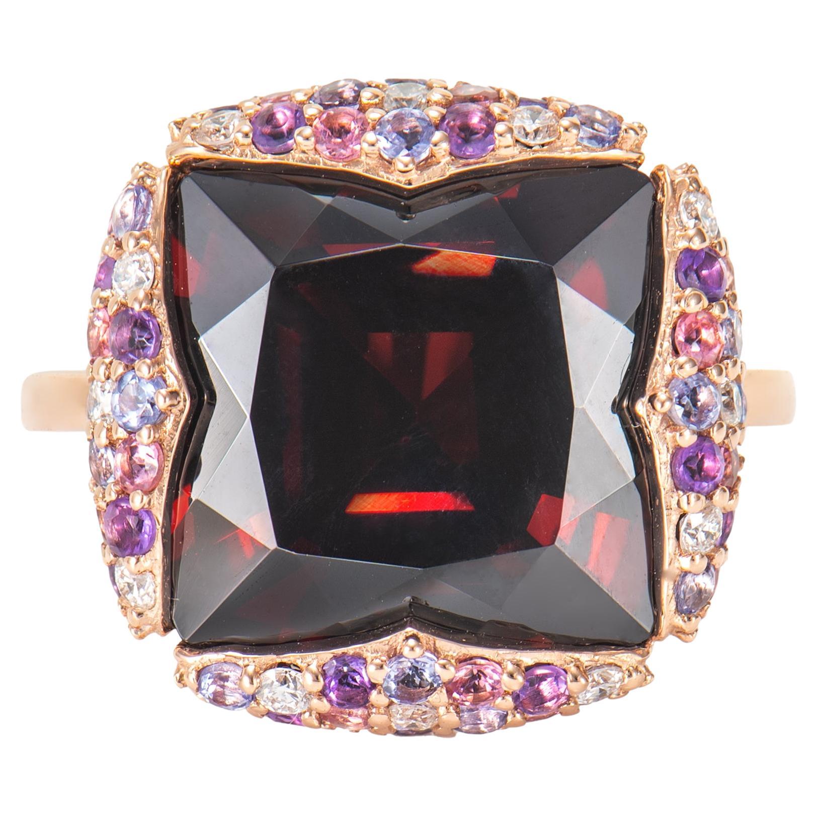 Red Garnet, Multi Gemstone & White Diamond Cocktail Ring in 18KRG. For Sale