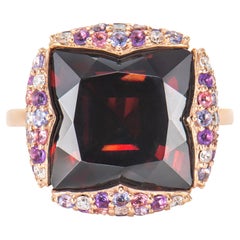 Red Garnet, Multi Gemstone & White Diamond Cocktail Ring in 18KRG.
