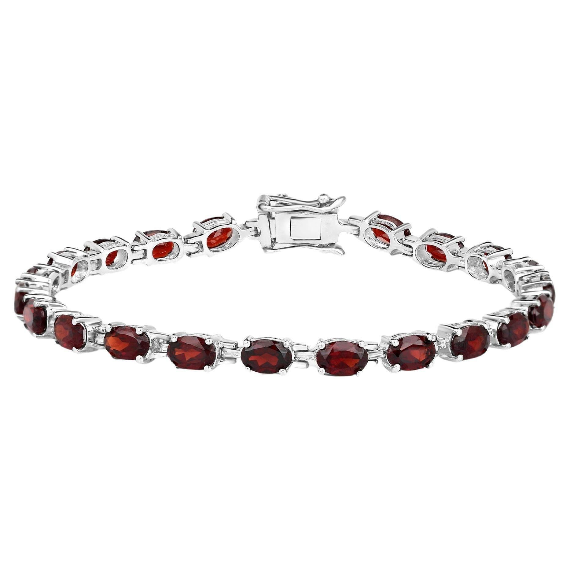 Contemporary Red Garnet Tennis Bracelet 11.25 Carats Rhodium Plated Sterling Silver For Sale