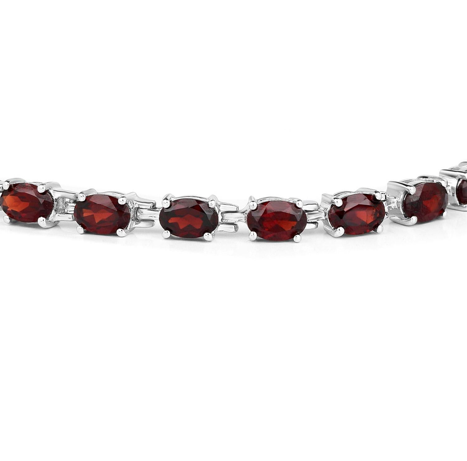 Oval Cut Red Garnet Tennis Bracelet 11.25 Carats Rhodium Plated Sterling Silver For Sale