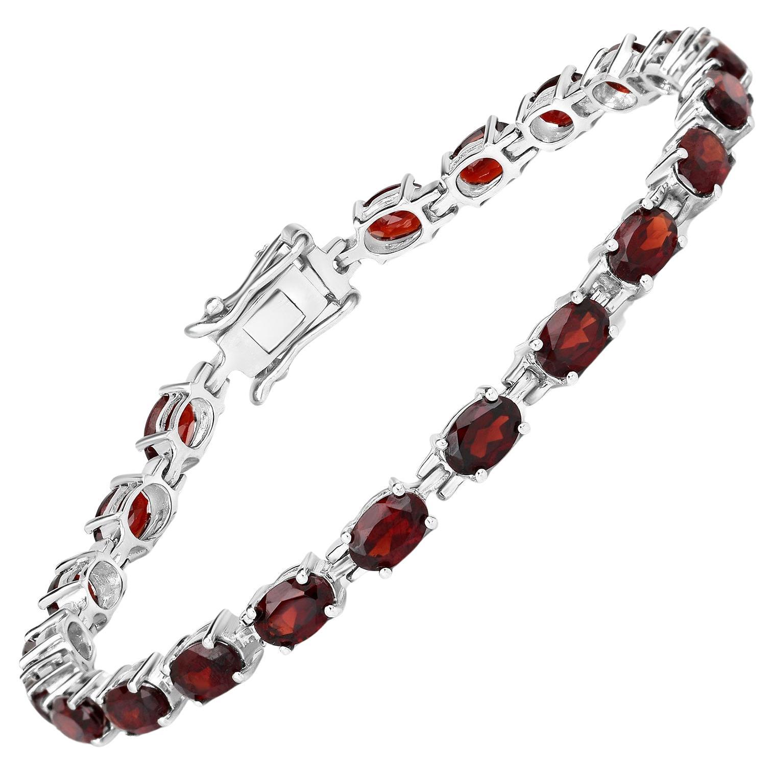 Red Garnet Tennis Bracelet 11.25 Carats Rhodium Plated Sterling Silver For Sale