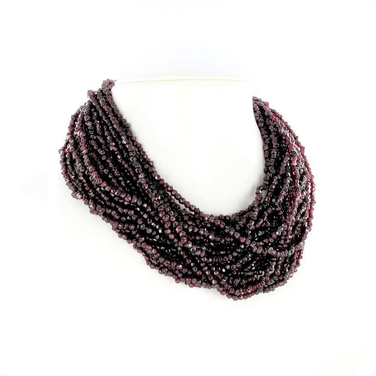 Modern Red Garnet Torsade Necklace with Yellow Gold Clasp