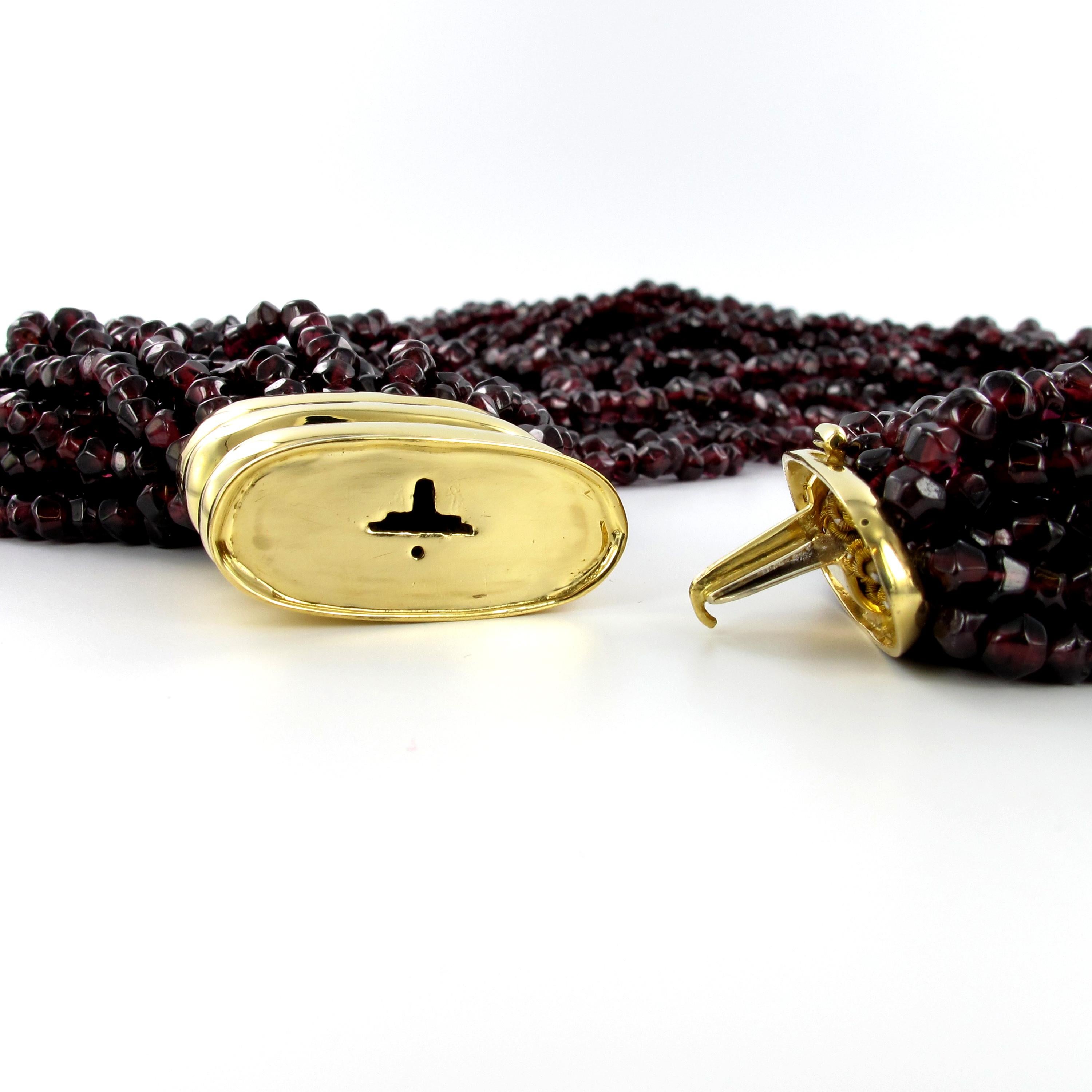Rough Cut Red Garnet Torsade Necklace with Yellow Gold Clasp