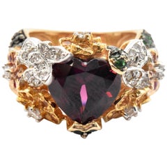 Red Garnet Two-Tone Cocktail Ring with Diamonds, Tsavorites and Sapphires