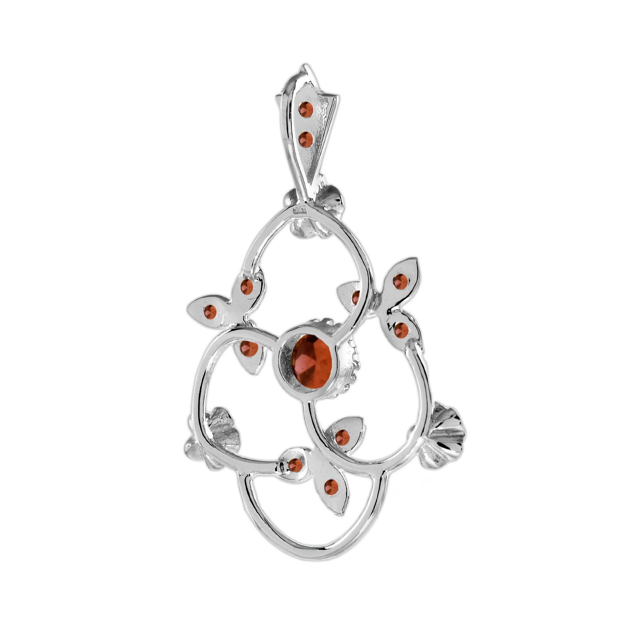 Round Cut Red Garnet Vintage Style Floral Flower 14K White Gold Pendant For Sale