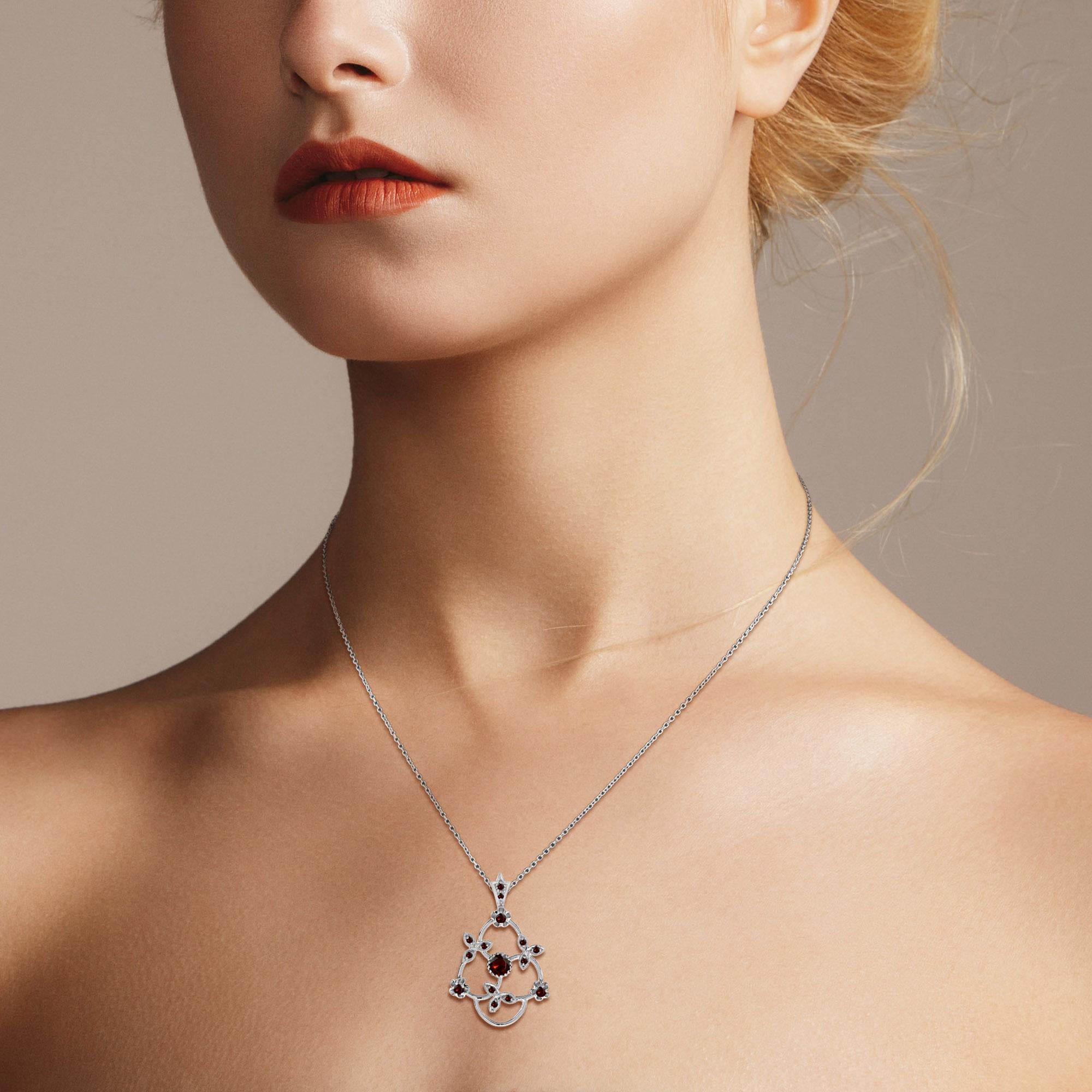 Women's Red Garnet Vintage Style Floral Flower 14K White Gold Pendant For Sale