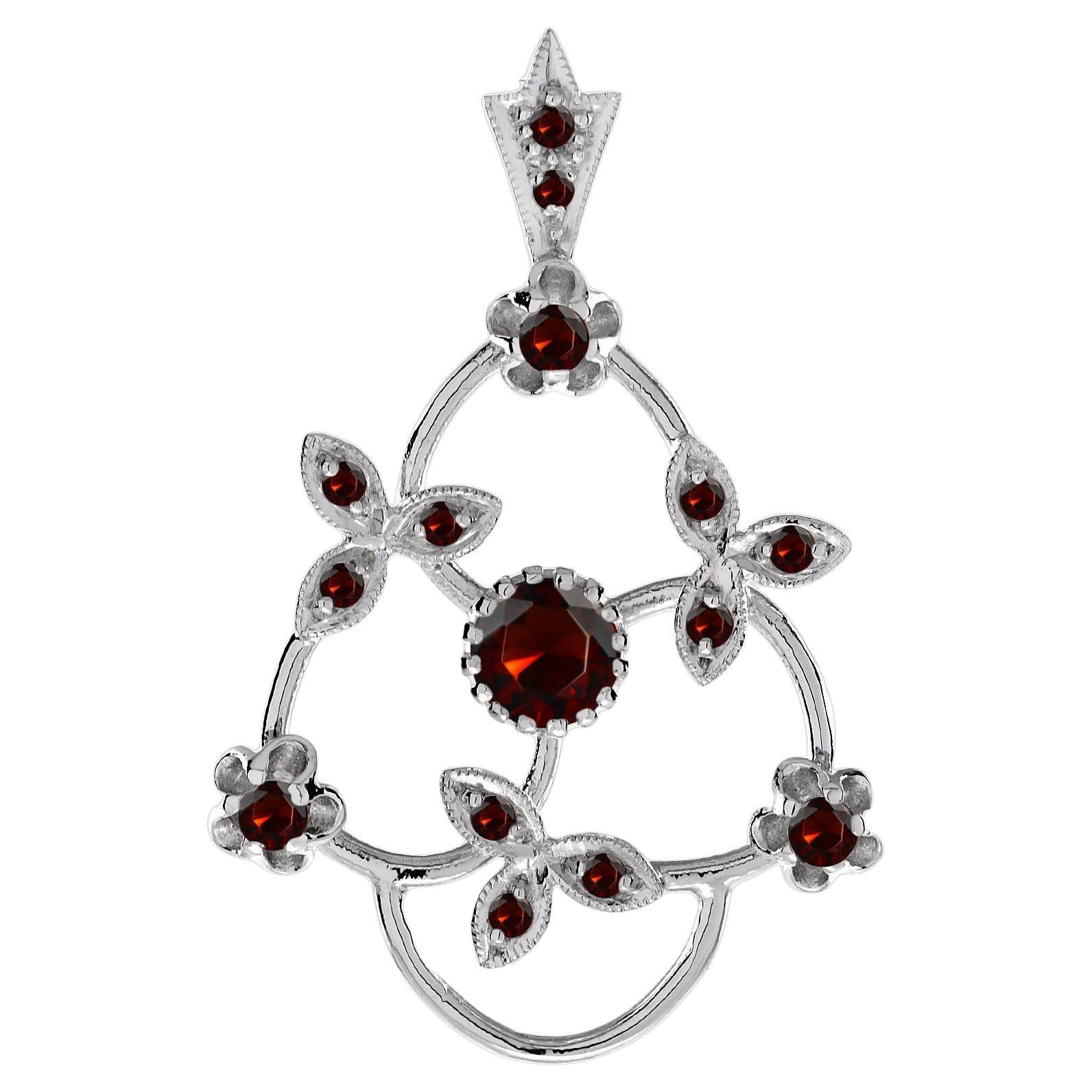 Red Garnet Vintage Style Floral Flower 14K White Gold Pendant For Sale