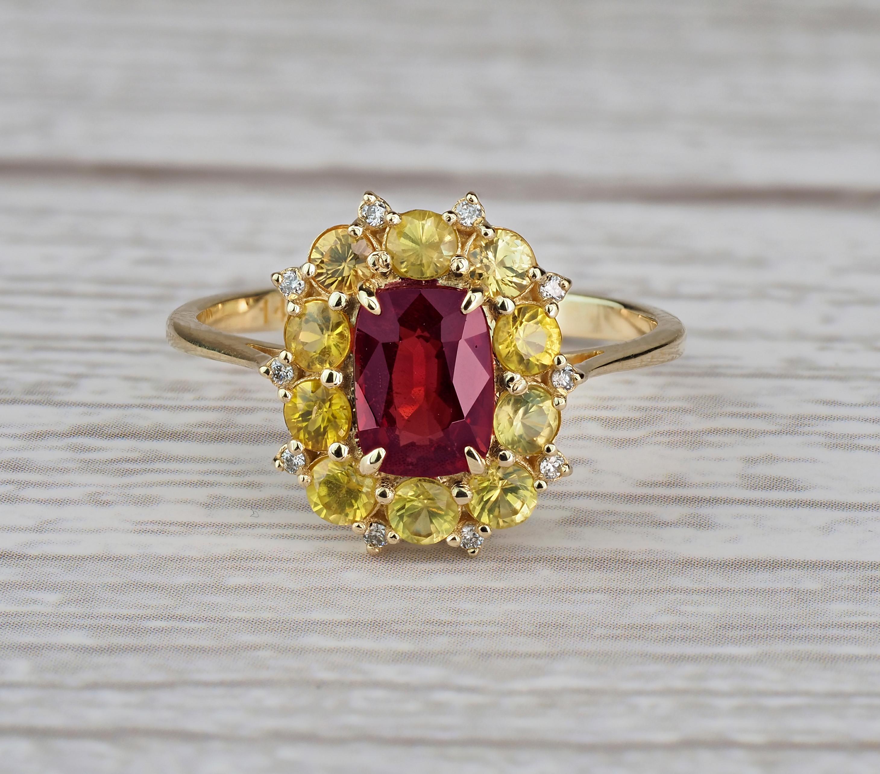 Red garnet, yellow sapphires gold ring.  For Sale 4