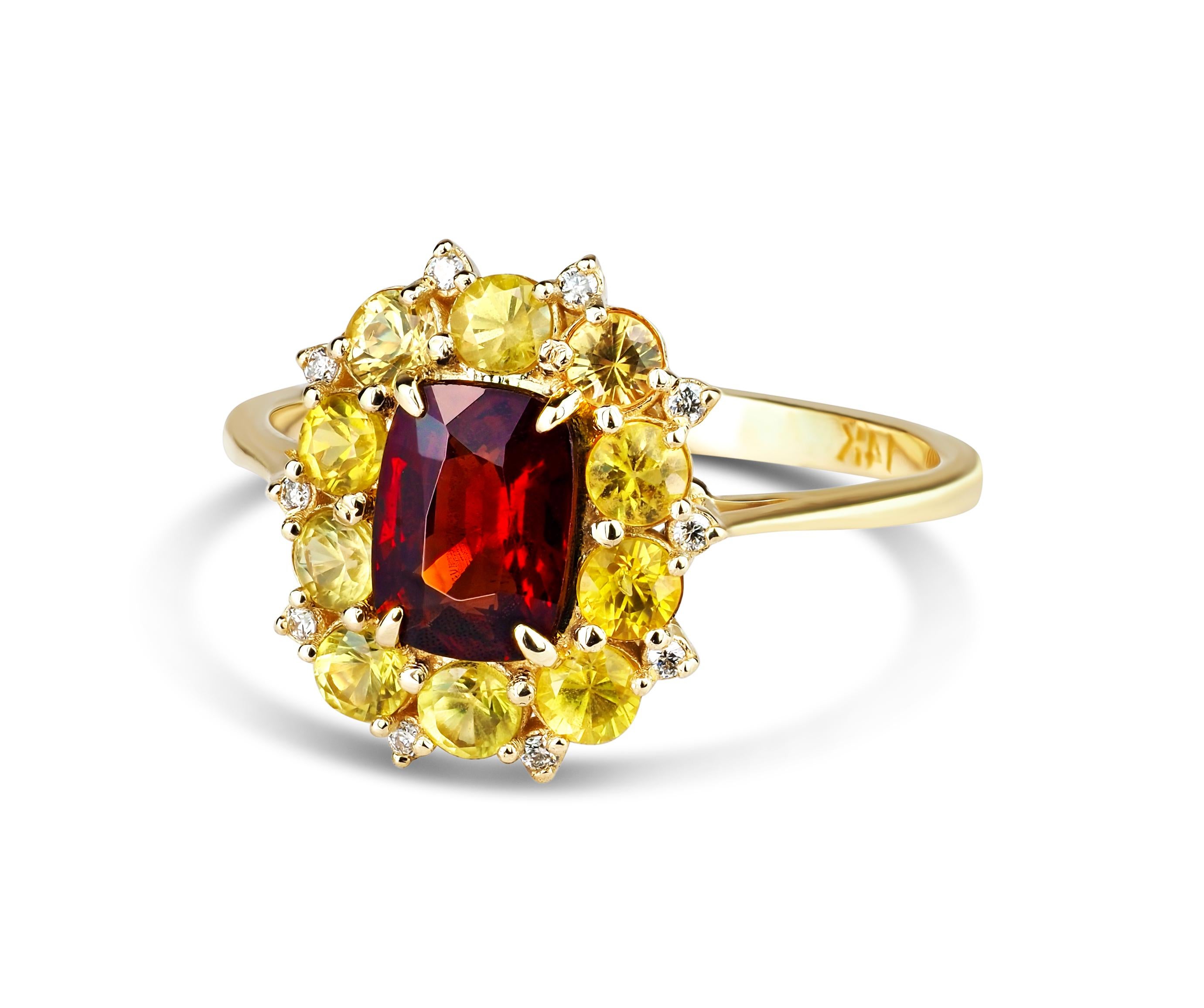Red garnet, yellow sapphires gold ring.  For Sale 5