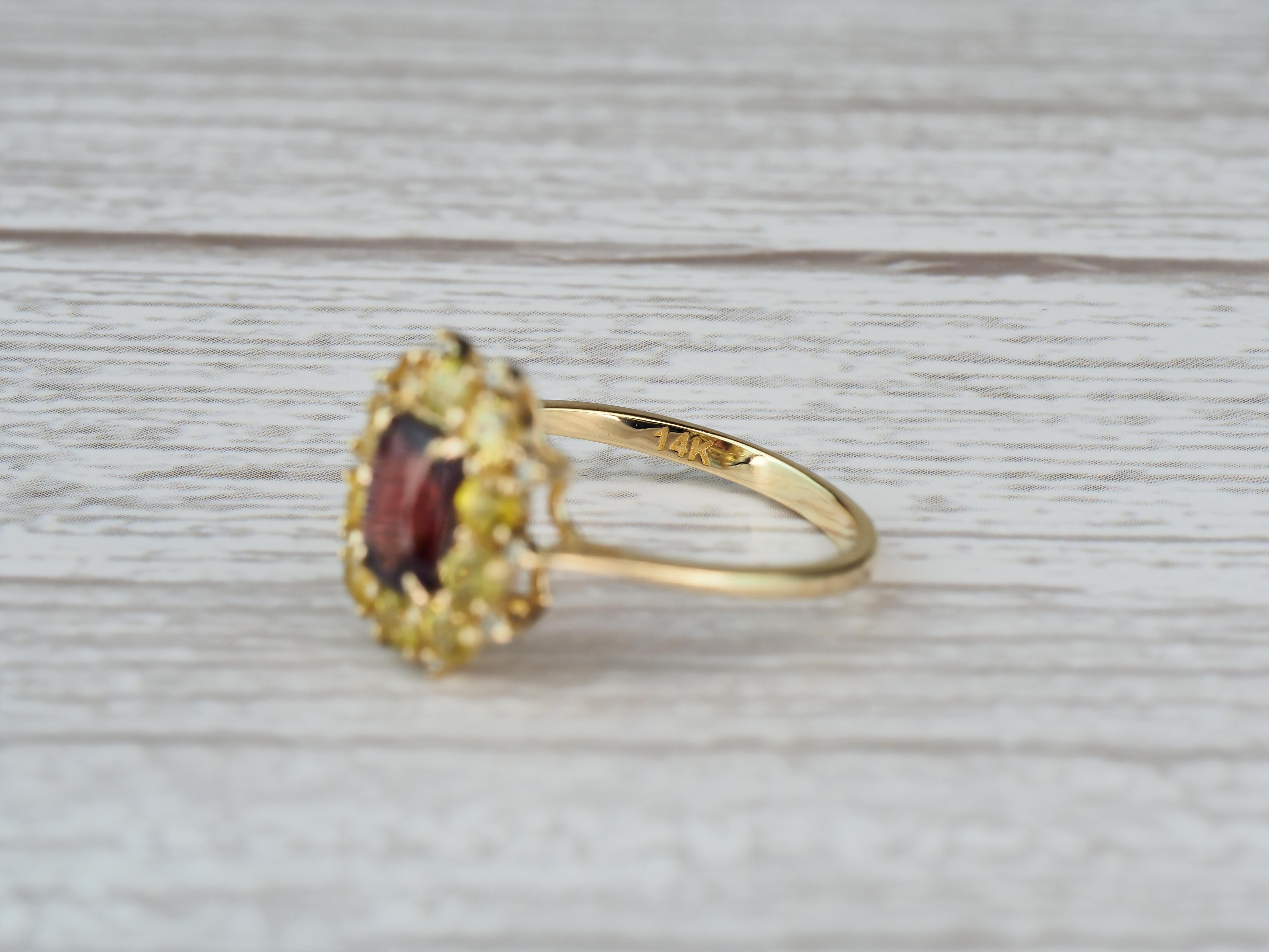 Red garnet, yellow sapphires gold ring.  For Sale 7