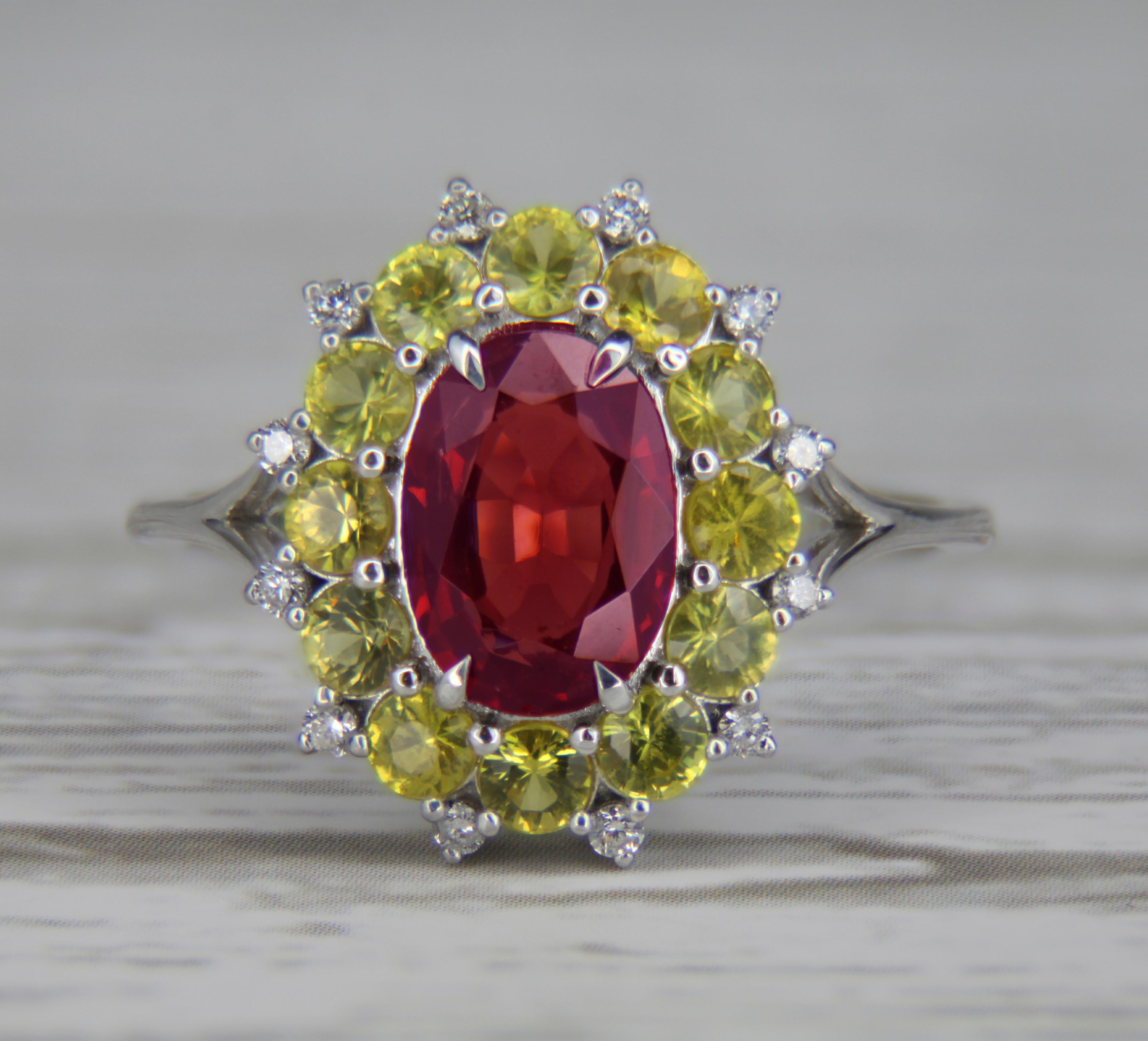 Red garnet, yellow sapphires gold ring. 
Natural garnet 14k gold ring. Oval Garnet Ring. January Birthstone Ring. Garnet statement ring. By Daizy Jewellery.

Metal: 14k gold
Weight: 2.5 g. depends from size

Central stone: Natural garnet
Weight - 