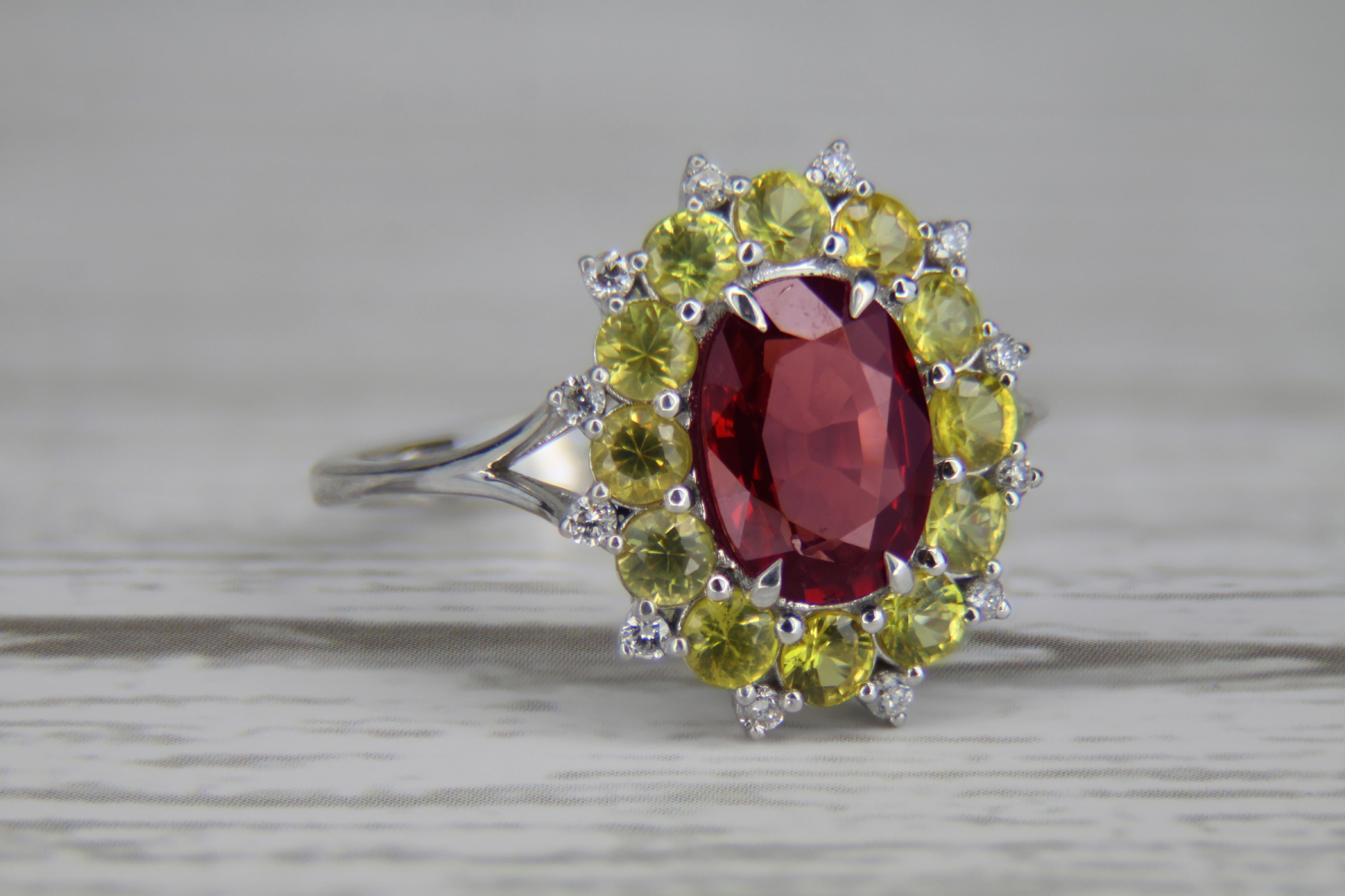 Modern Red garnet, yellow sapphires gold ring.  For Sale