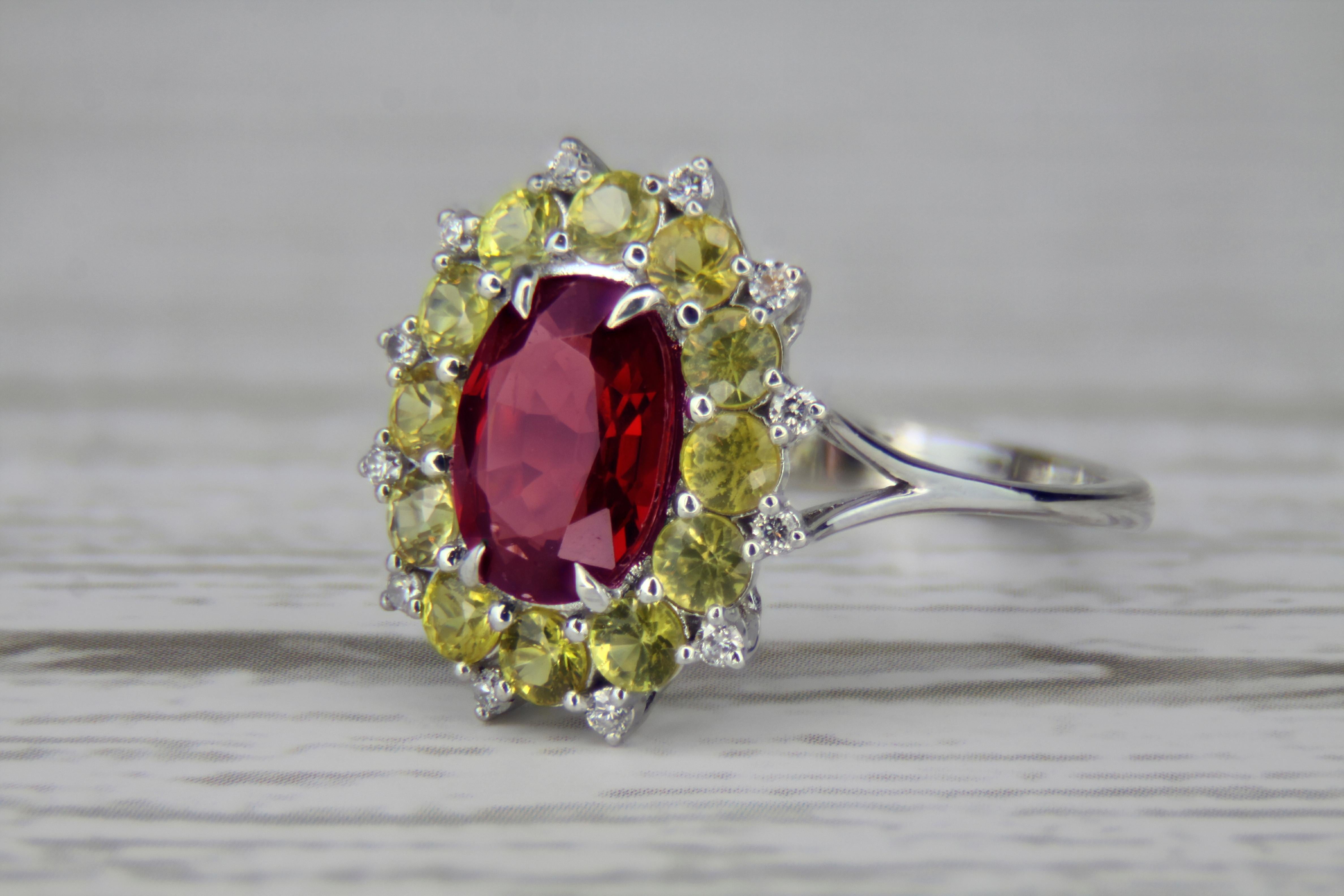 Red garnet, yellow sapphires gold ring.  In New Condition For Sale In Istanbul, TR