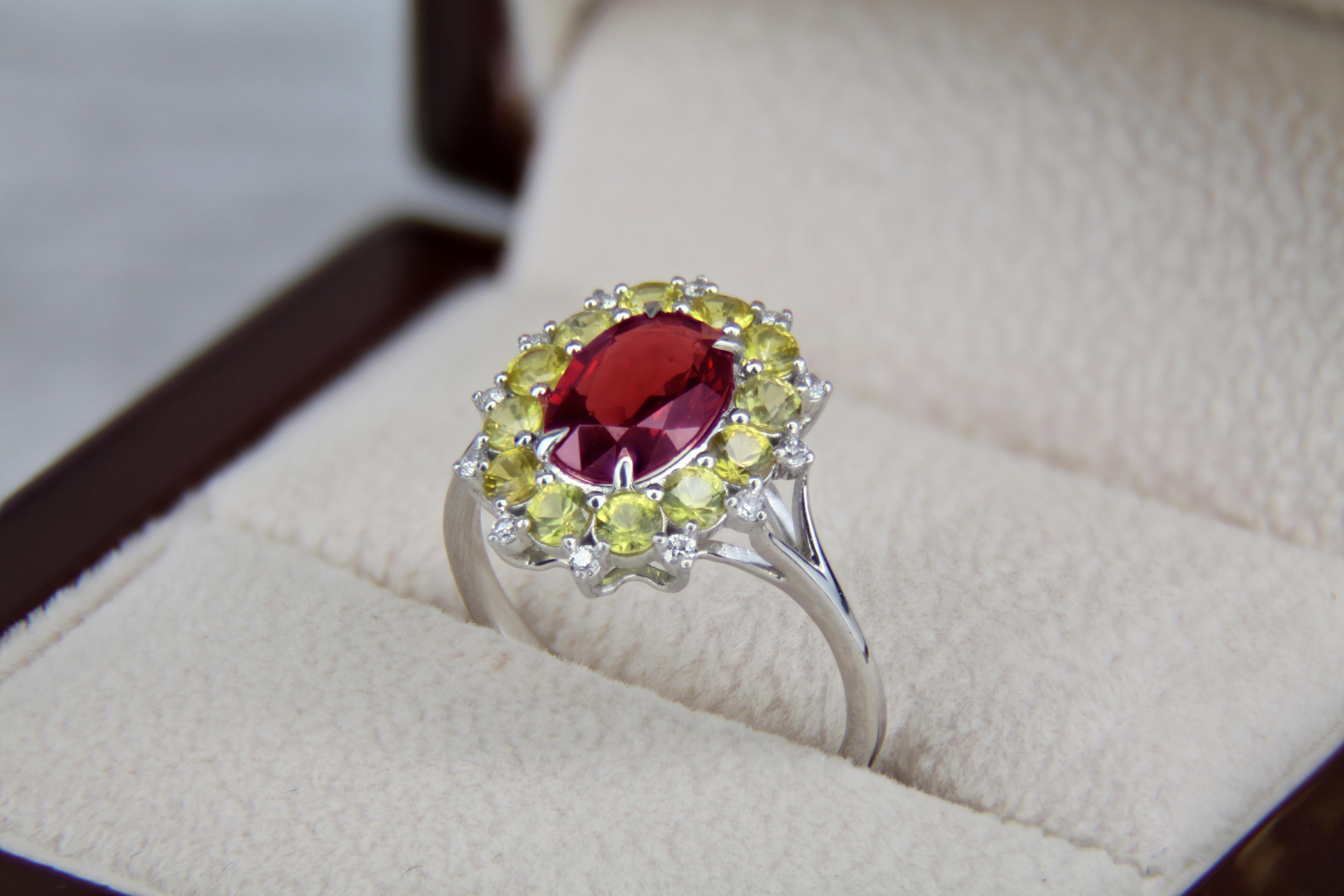 Red garnet, yellow sapphires gold ring.  For Sale 2