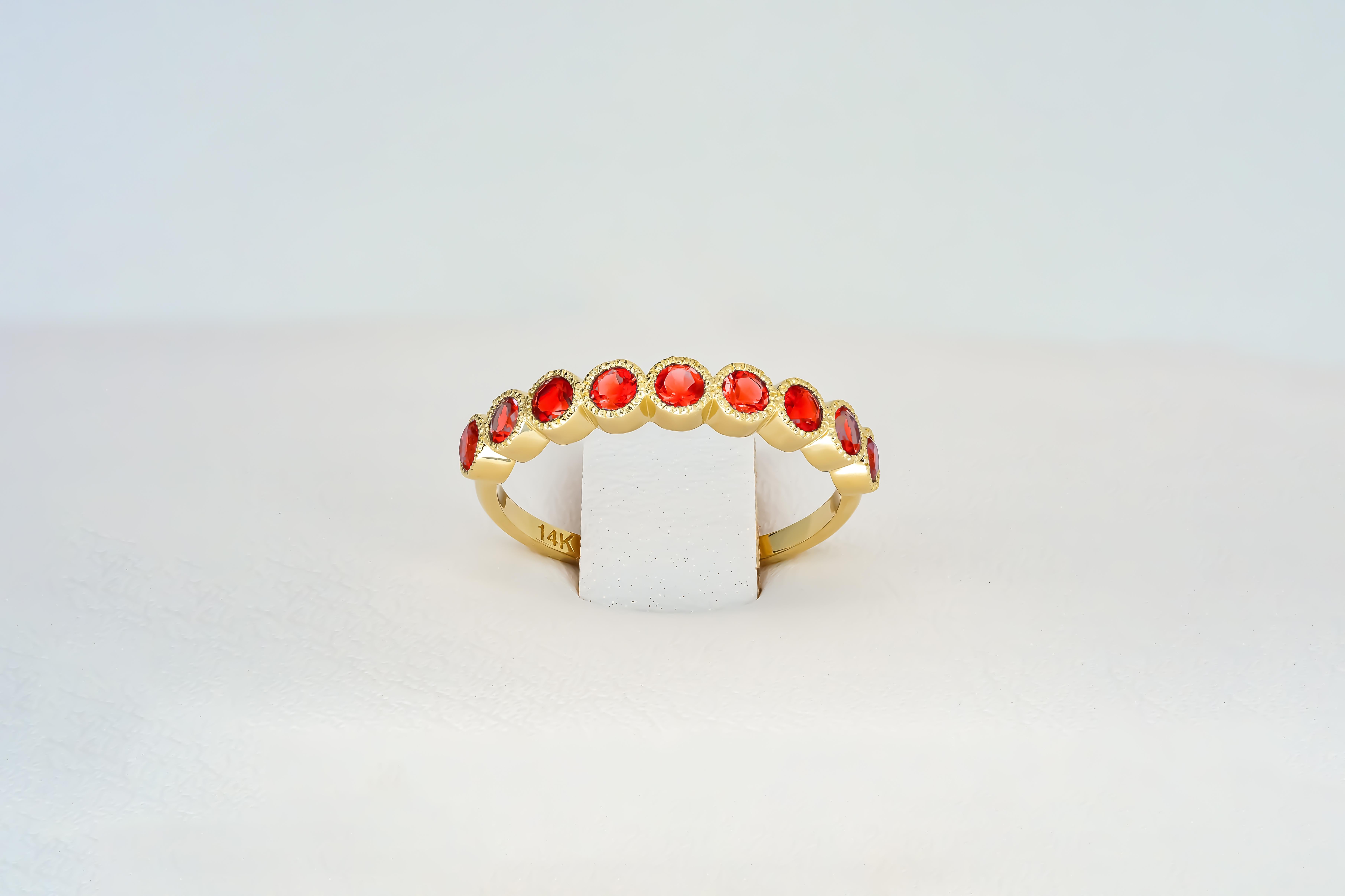 Round Cut Red gem half eternity 14k gold ring. For Sale