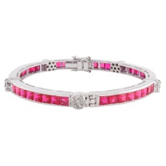 Red Gemstone Bangle Bracelet Pave Diamond Silver Flower Handmade 18 Karat Gold