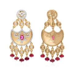Pendientes Colgantes de Piedra Roja SI/H Diamante Redondo Joyas de Oro Amarillo de 14 Kilates