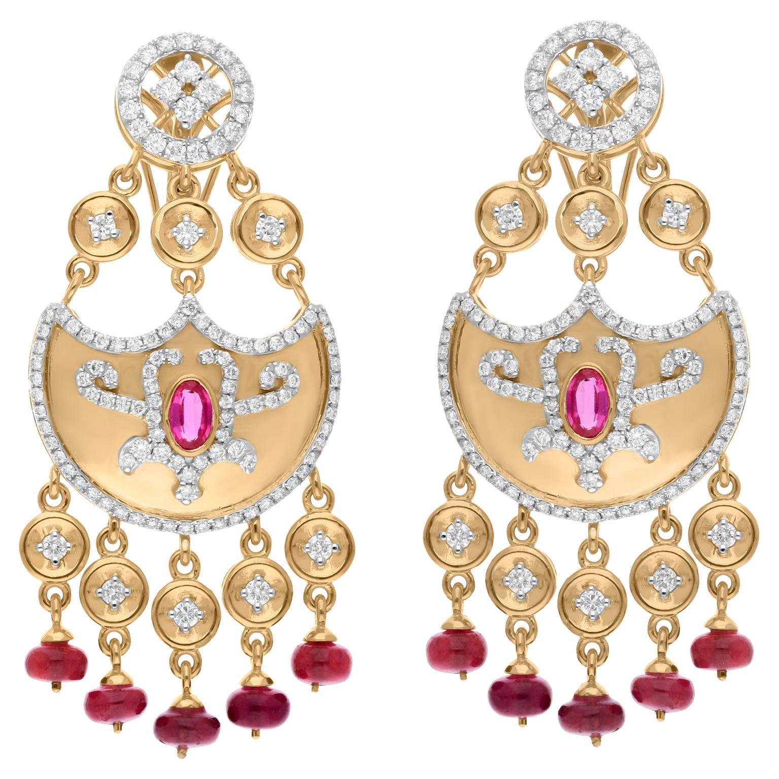 Red Gemstone Dangle Earrings SI/H Round Diamond 18 Karat Yellow Gold Jewelry