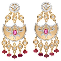 Pendientes Colgantes de Piedra Roja SI/H Diamante Redondo Joyas de Oro Amarillo de 18 Kilates