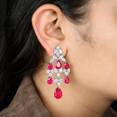 Red Gemstone Diamond Chandelier Earrings 14k White Gold Handmade Fine Jewelry