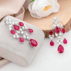 Red Gemstone Diamond Chandelier Earrings 18k White Gold Handmade Fine Jewelry