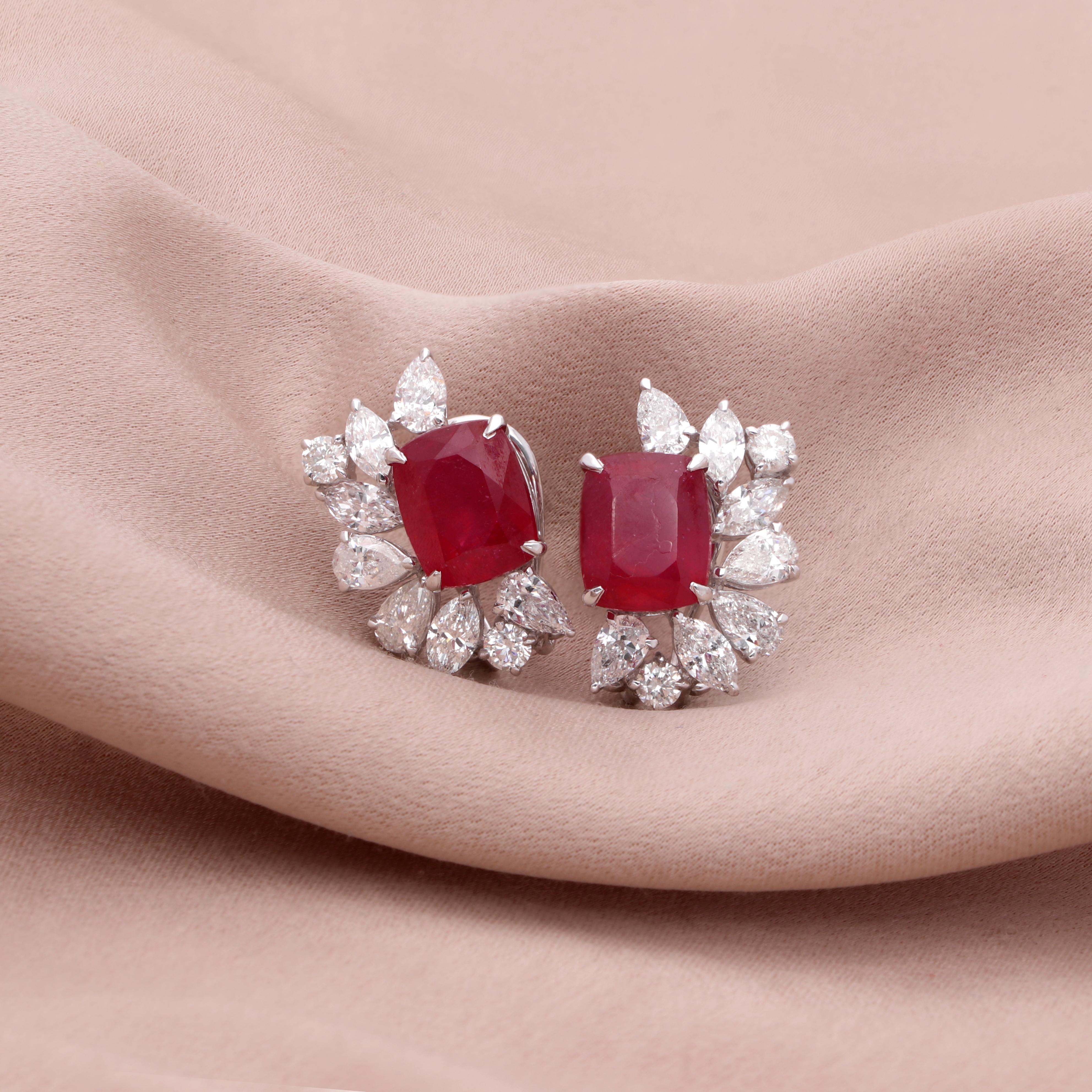 Modern Red Gemstone Stud Earrings Diamond 18 Karat White Gold Handmade Fine Jewelry For Sale
