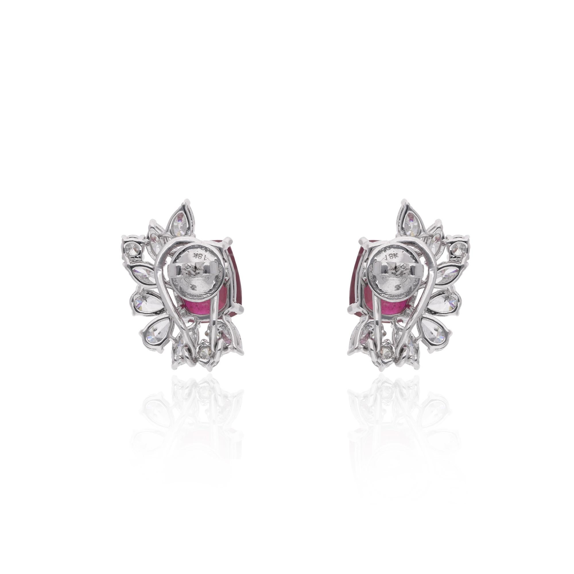Women's Red Gemstone Stud Earrings Diamond 18 Karat White Gold Handmade Fine Jewelry For Sale